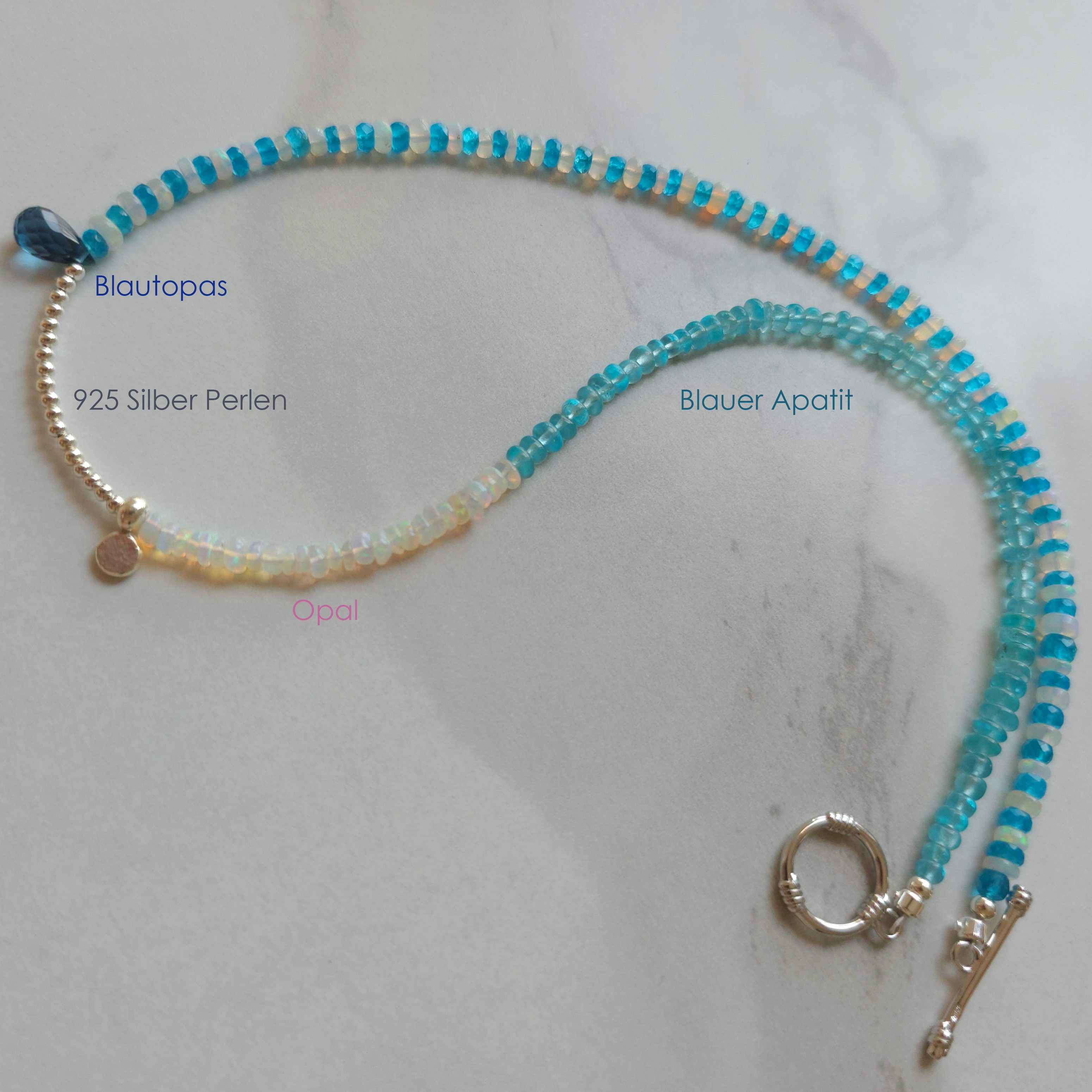 GOLDEN Perlenkette Feueropal & Blauer Apatit Halskette, 925 Silber, Oktober Geburtsstein