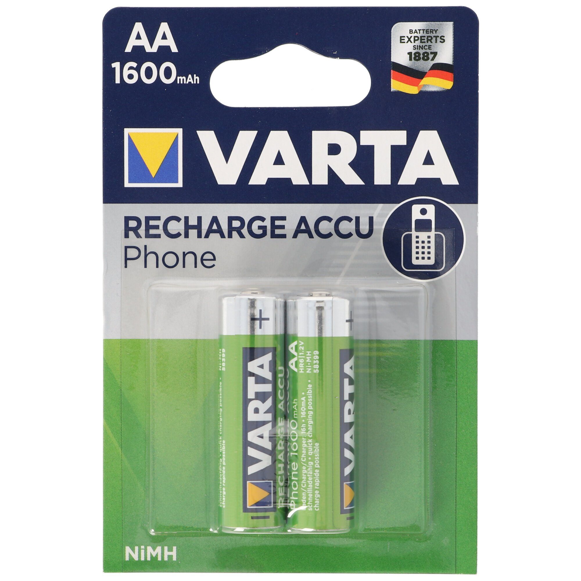 VARTA Varta T399 Phone Power Akku Mignon/AA 1600mAh, 50,5x14,5mm, 2er Pack Akku 1600 mAh (1,2 V)