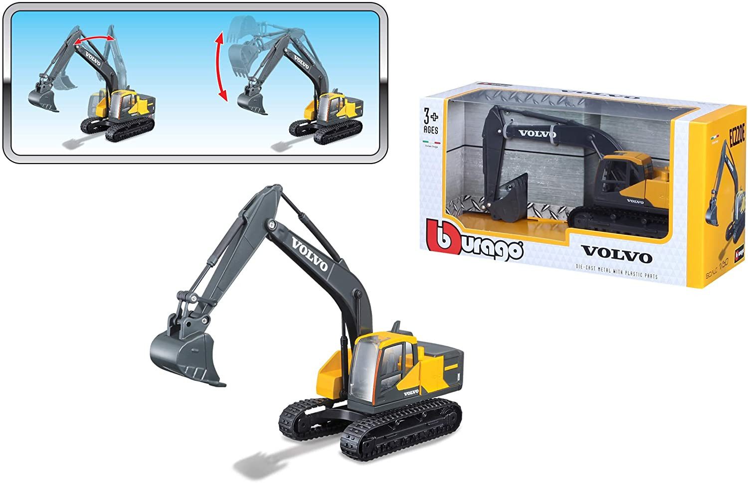 Bburago Spielzeug-Auto Volvo Löffelbagger EC220E (Maßstab 1:50), Originalgetreue Innenausstattung