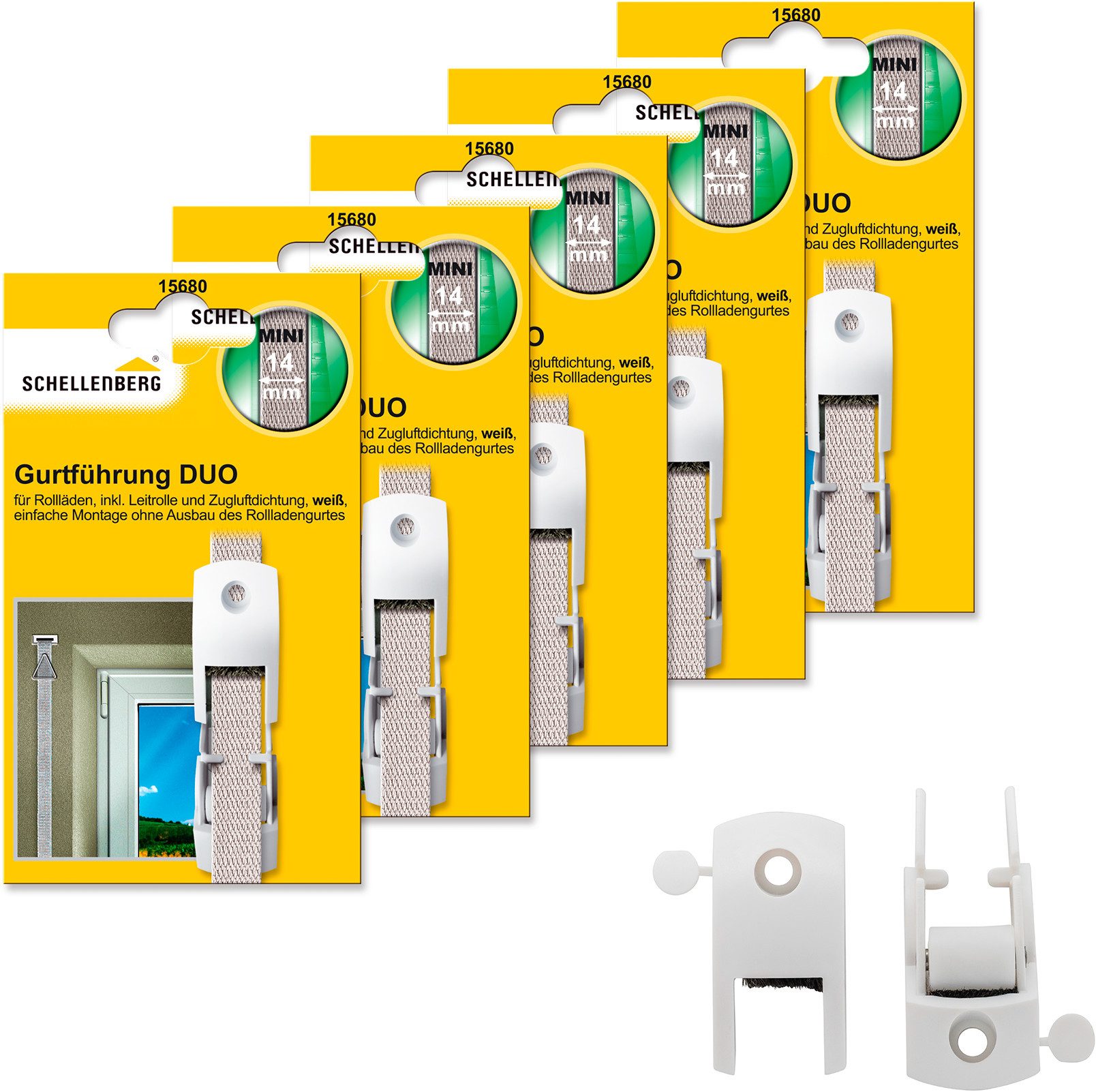 SCHELLENBERG Rollladen-Gurtführung Duo für das Rollladensystem Mini, für max. 1,4 cm Gurtbreite, Set, 5-St., inkl. Zugluftdichtung und Gurtleitrolle