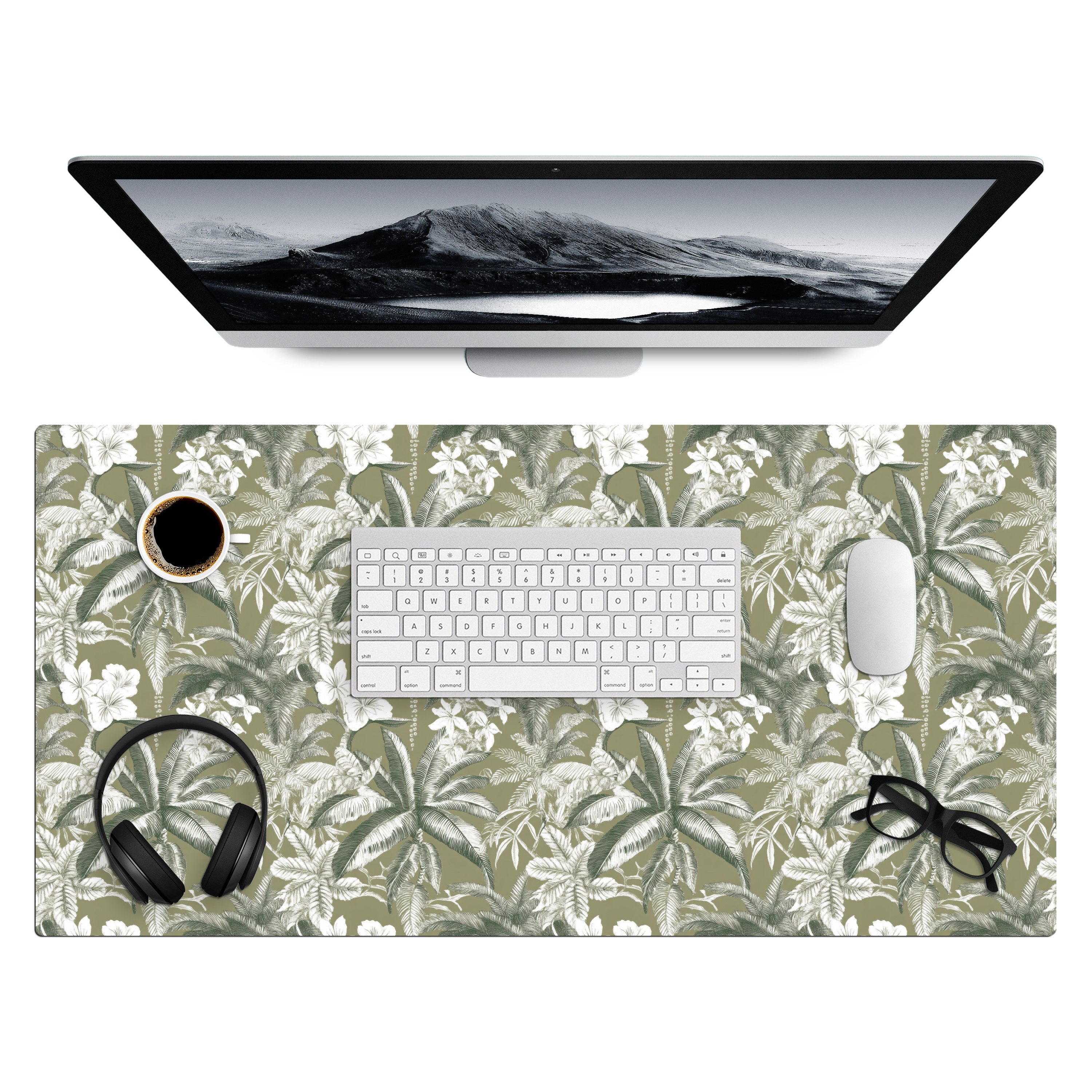 MuchoWow Gaming Mauspad Botanisch - Blumen - Grün (1-St), Gaming Mauspad XXL, Schreibtischunterlage, Desk Mat Groß, 80x40 cm