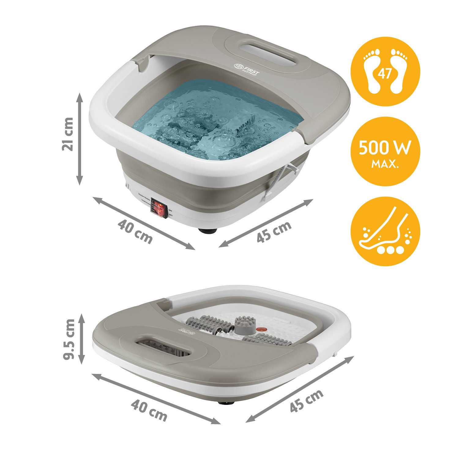 TZS FIRST AUSTRIA Fußmassagegerät mit Massagefunktion 500W, 3 Aufsätze & 8 Massagerollen, bis Größe 47, Vibrations- und Sprudelmassage, Rotlicht-LED & Heizfunkt – Bild 3 von 5