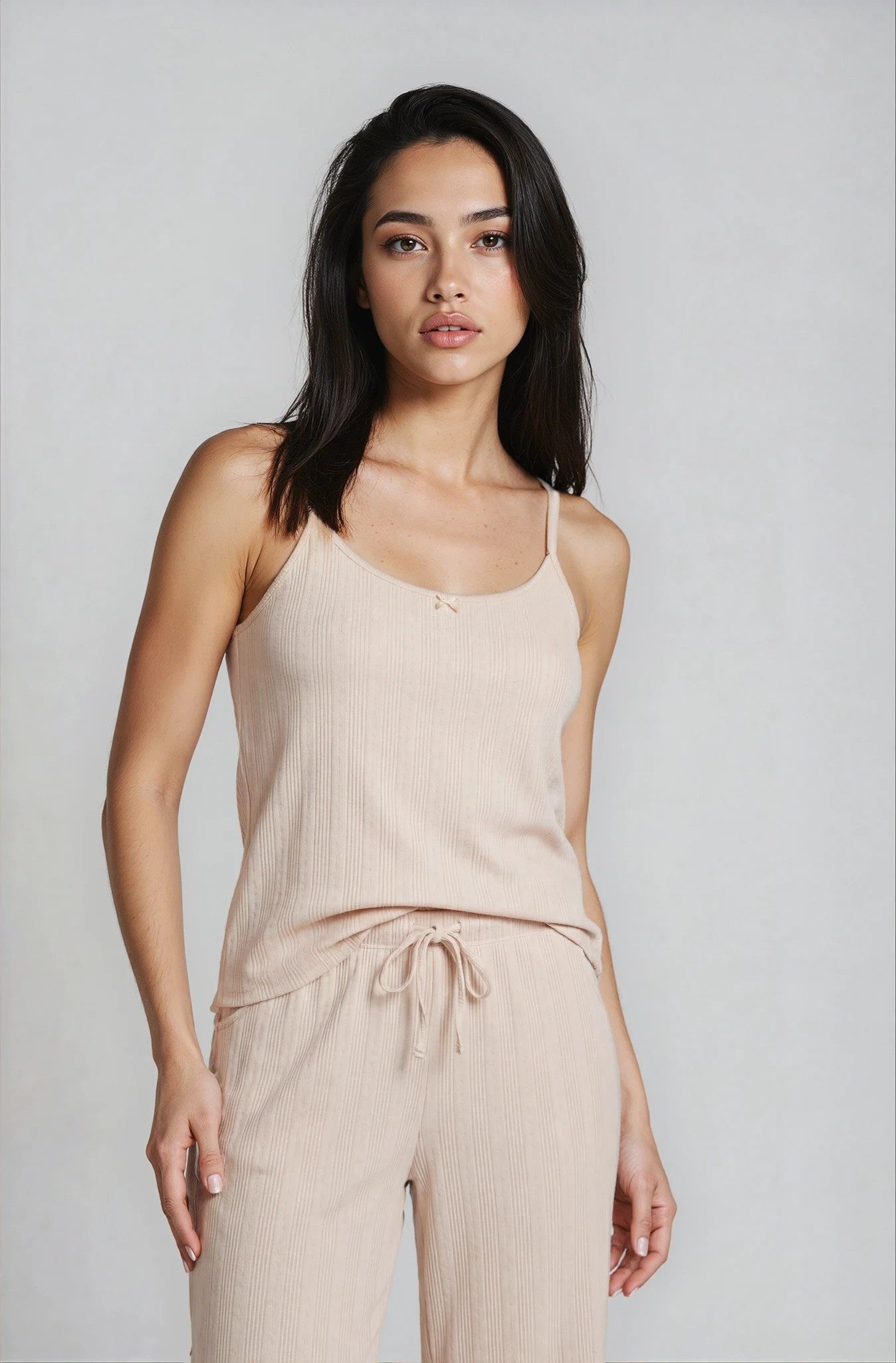 Mademoiselle Sommeil Pyjama Damen Camisole-Schlafanzug aus Pointelle-Strick in Naturweiß (2 tlg) 100% Baumwolle, lange Hose mit Taschen, gefertigt in Polen