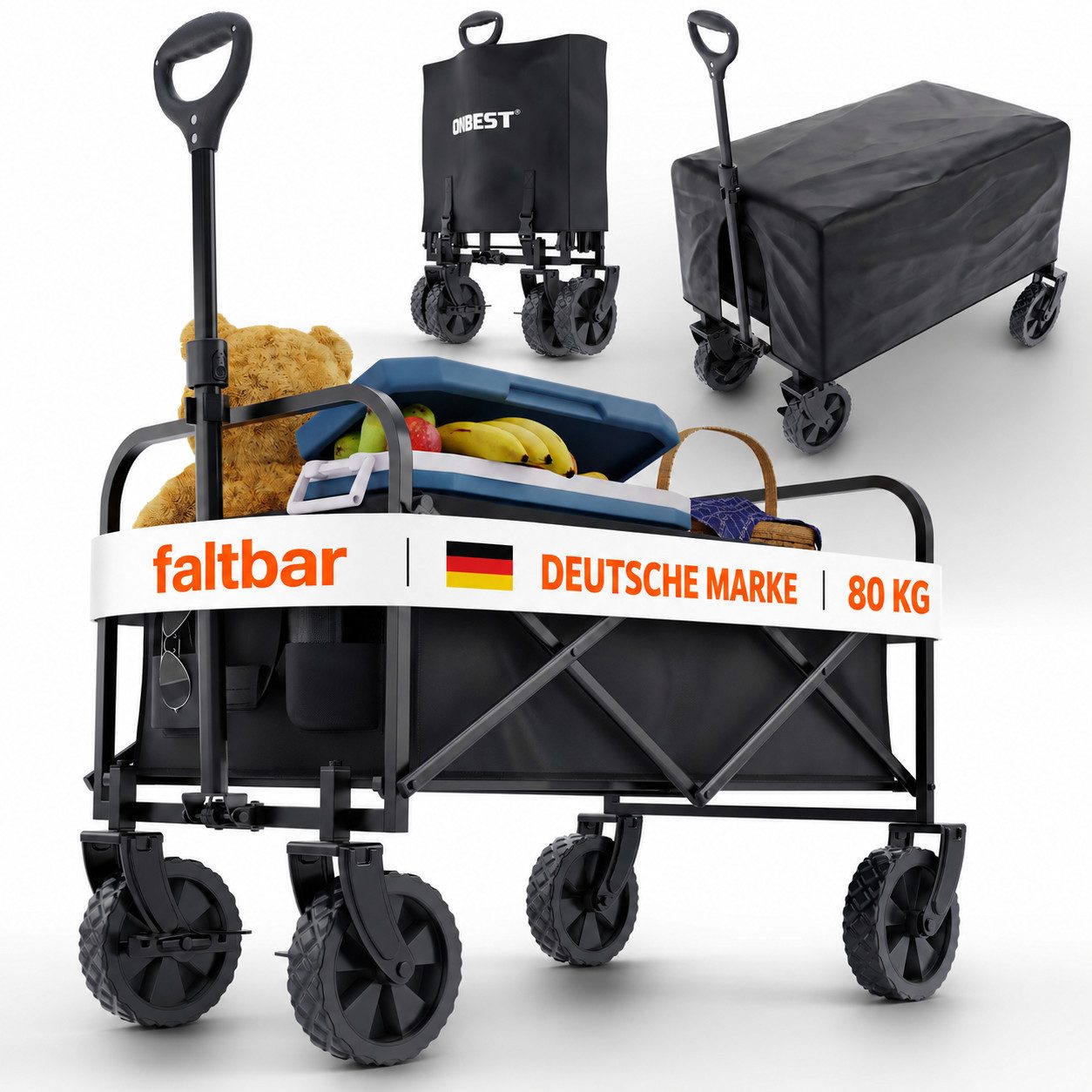 Onbest Bollerwagen PREMIUM Handwagen faltbar mit Schutzabdeckung, Wasserdicht, 61 Liter, Pop Up, bis 80kg