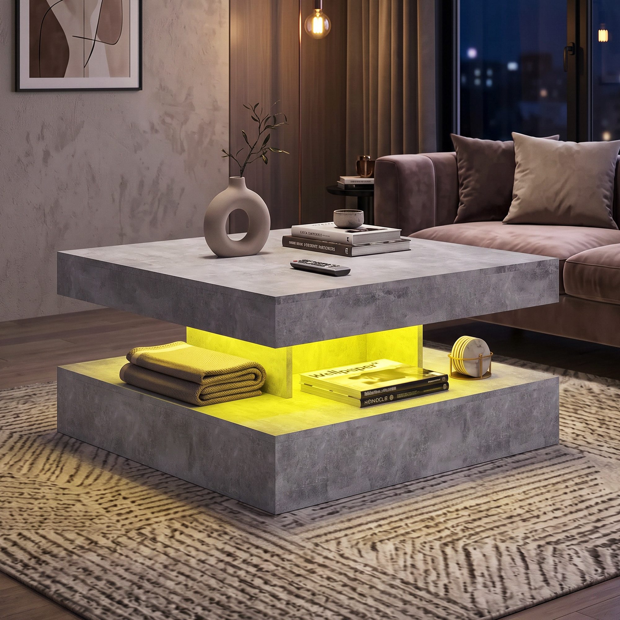 radelldar Couchtisch mit LED-Beleuchtung & Fernbedienung, Quadratischer Sofatisch78x78x40cm (1-St), Hochglanz Wohnzimmertisch, Robuster Beistelltisch – Bild 4 von 5