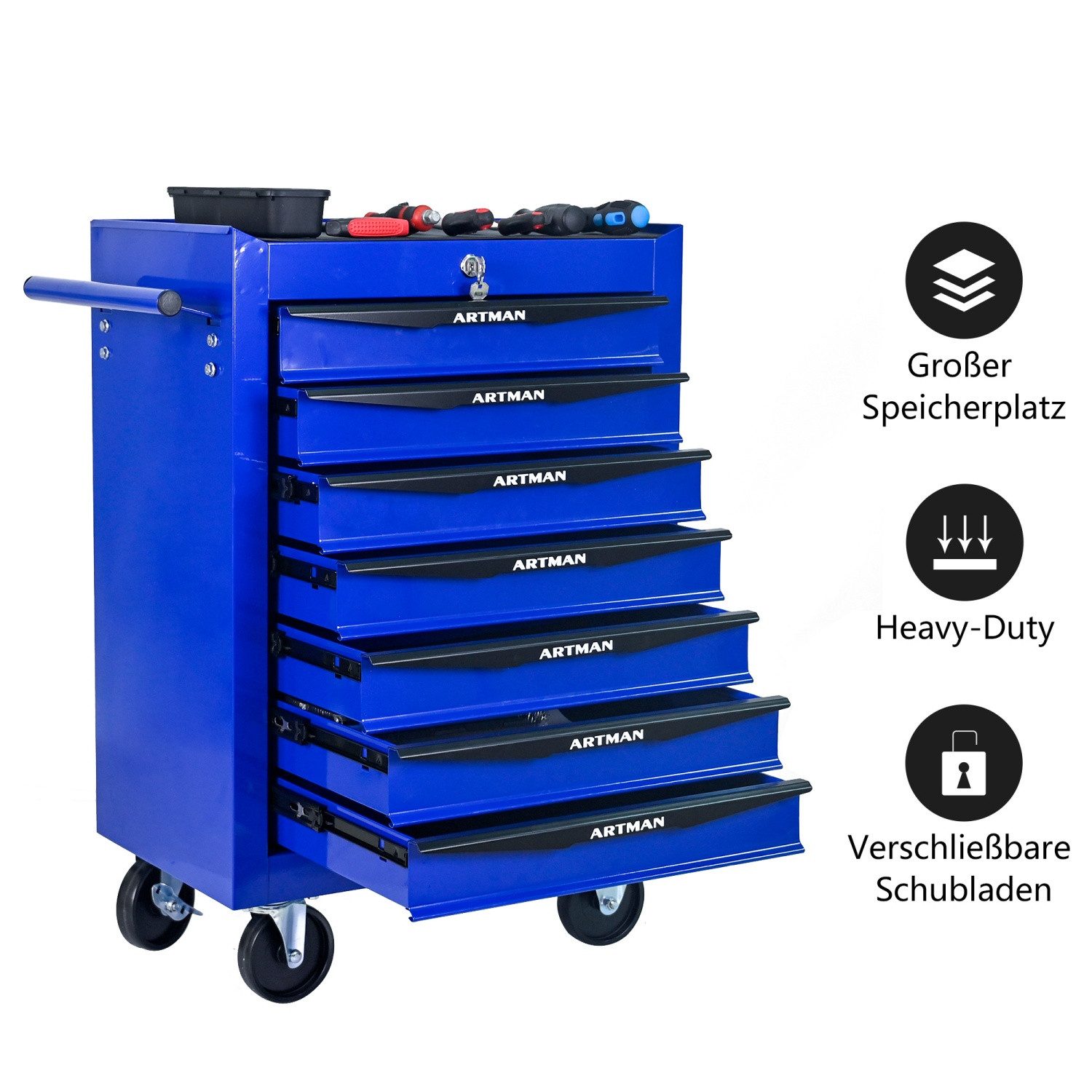 ANYSUN Werkzeugwagen Werkzeugkasten,Werkstattwagen Rollwagen zur Werkzeugaufbewahrung, Blau, max. Traglast:105 kg, (mit chubladen, Abschließbar,Profi Werkstatt-Wagen), Massives Metall,Mobiler Werkzeug-Wagen ohne Werkzeug