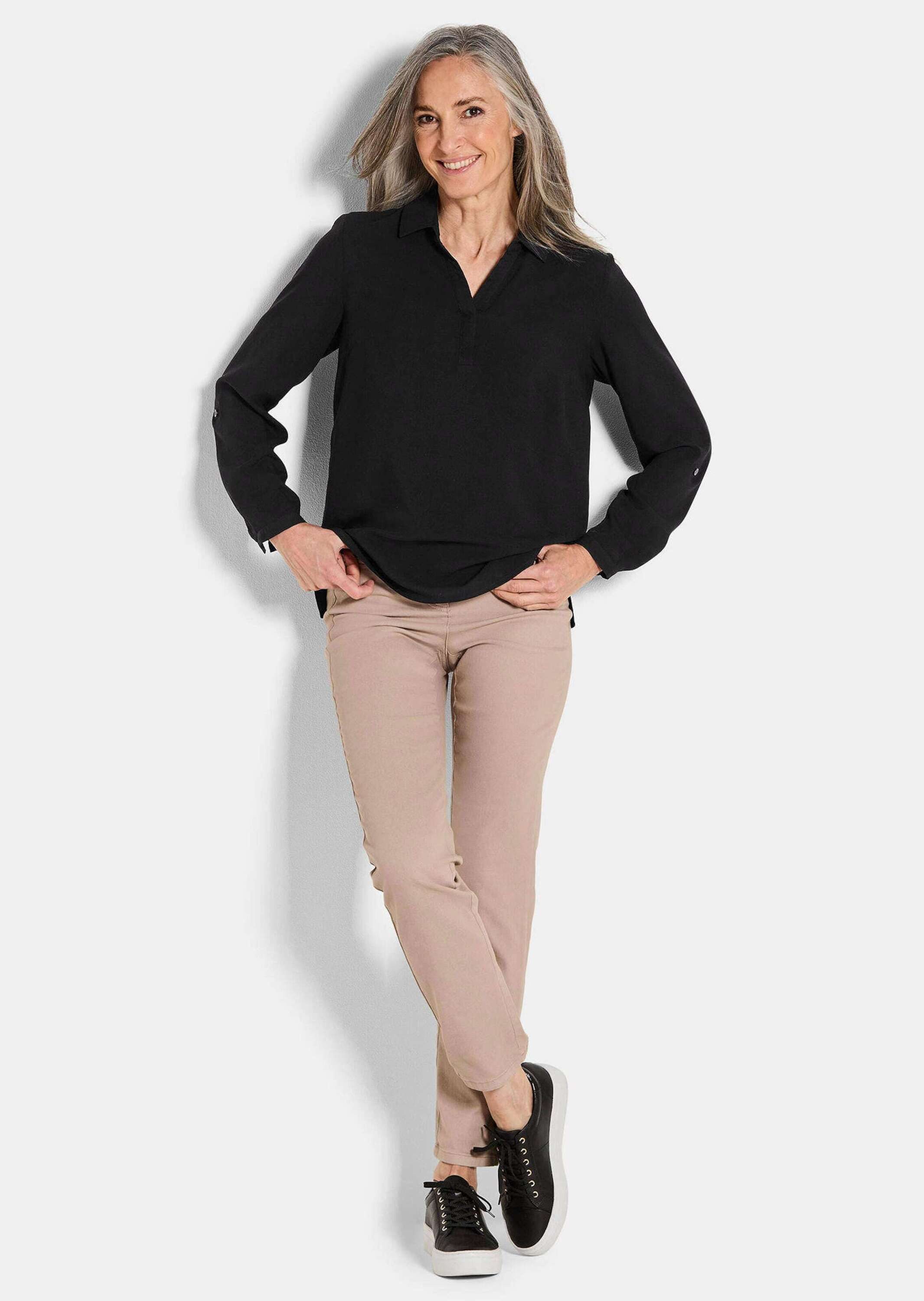 GOLDNER Klassische Bluse Zeitlose Viskosebluse mit Hemdkragen Fließende Hemdbluse mit Schlitzblende und Langarm