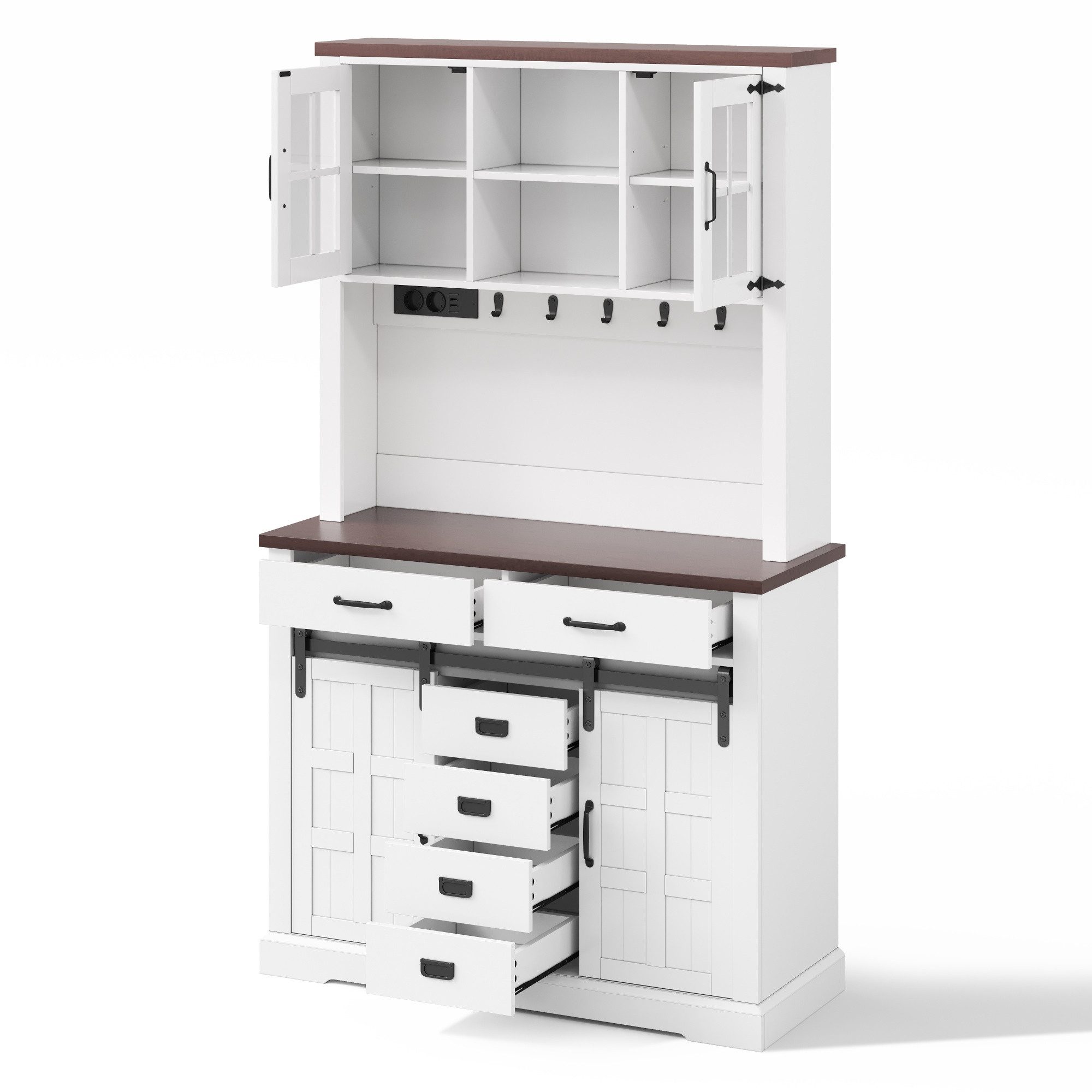 BlingBin Sideboard Küchenbuffet mit Steckdose und LED-Beleuchtung,181 × 108 × 40 cm,Weiß (3 Packung, 1 St., mit 6 Schubladen, verstellbare Einlegeböden, Haken), Küchenmöbel mit Arbeitsplatte,für Esszimmer, Wohnzimmer und Küche