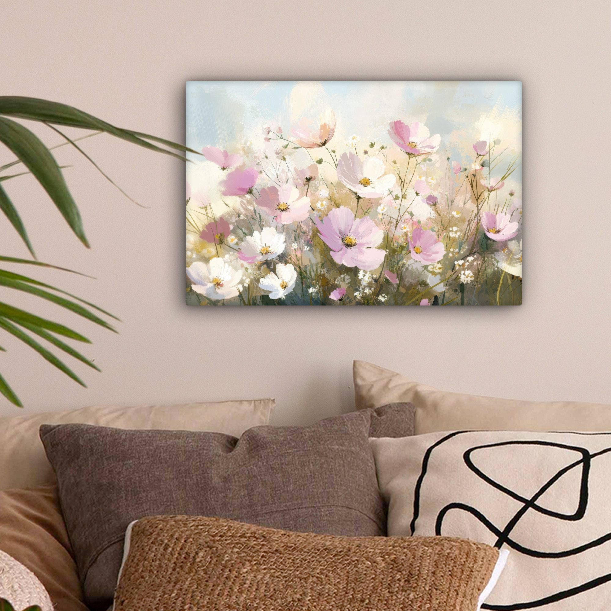 OneMillionCanvasses® Leinwandbild Blumenfeld - Helle Farbtöne günstig online kaufen