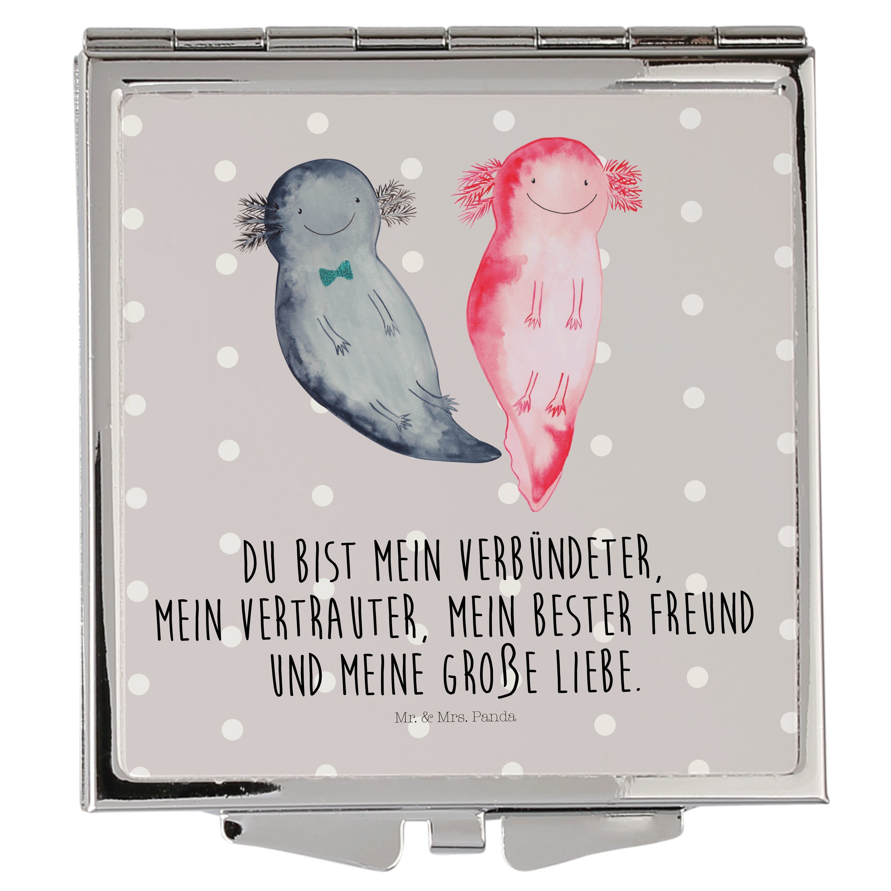 Mrs. silber, - Panda & Quadrat, Pastell Axolotl Kosmetikspiegel Geschenk, Mr. (1-St) Grau Axel+Lotte - Liebe,