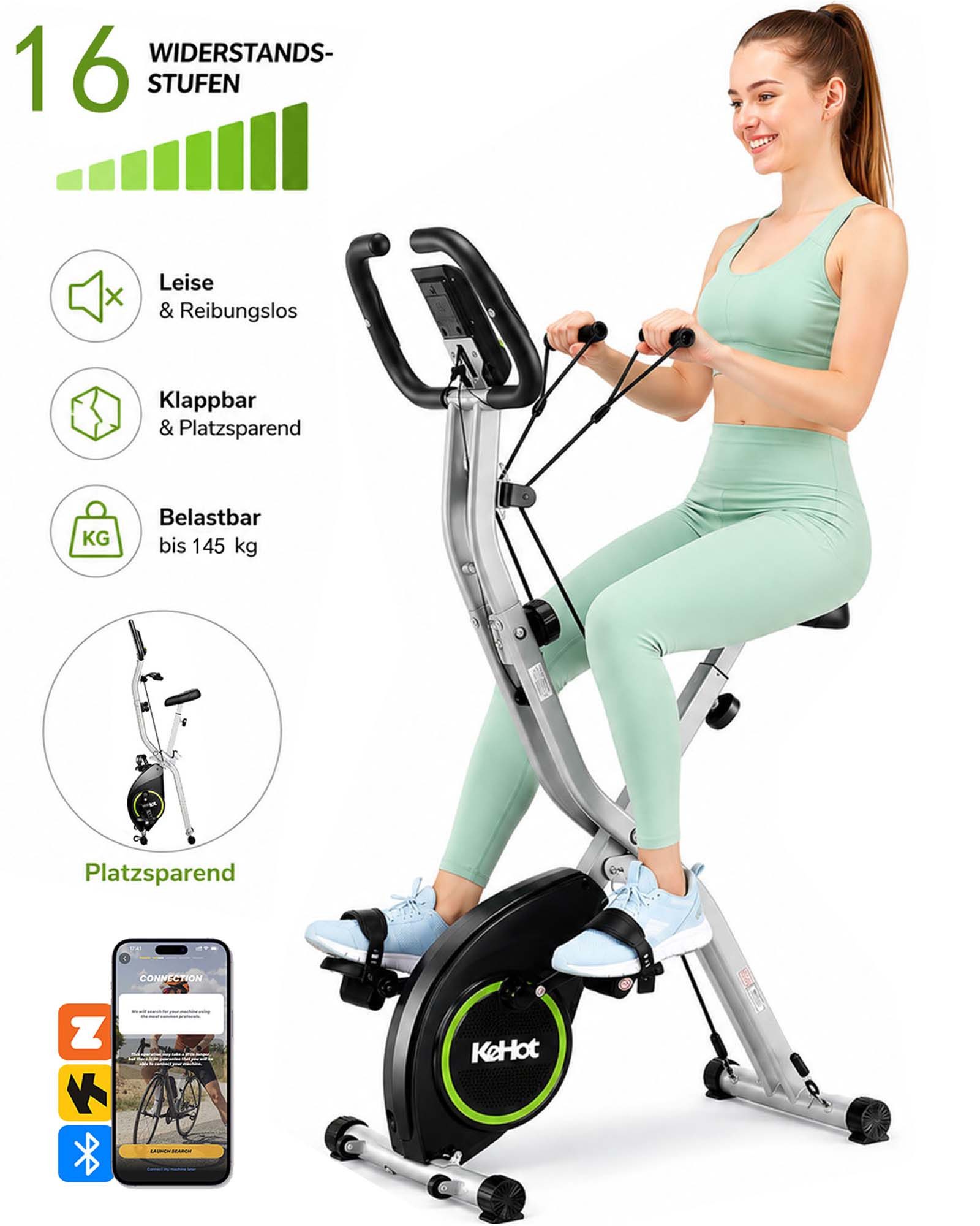 kehot Heimtrainer X-Bike Heimtrainer klappbar mit 16-Stufen-Magnetbremse (Bluetooth App für Kinomap & Zwift interaktives Training, Indoor Bike 5-fach Verstellbare Sitzhöhe,mit Pulssensor LCD Display), 5-fach verstellbarer Sitz mit Pulssensor & LCD Display