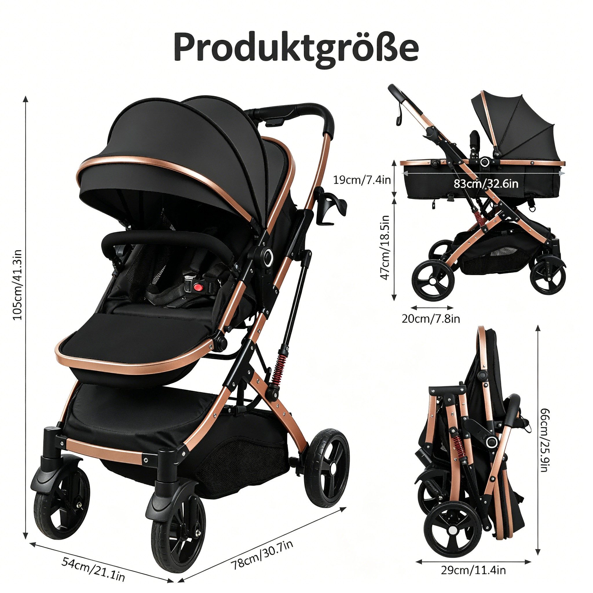 Rutaqian Kombi-Kinderwagen Kombi-Kinderwagen mit Babywanne, Faltbarer Babywagen mit Umkehrbarem, Baby Kinderwagen mit Sonnenverdeck, Stoßdämpfung und 5-Punkt-Gurt 40kg