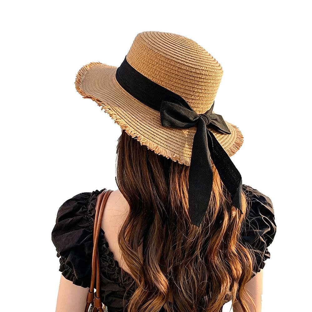 nsihing Strohhut Damen-Sommer-Sonnenhut, Sommerhut Strandhut Straw hat Fransenkante mit Schleife,Atmungsaktiv Strandut,Hut mit breiter Krempe