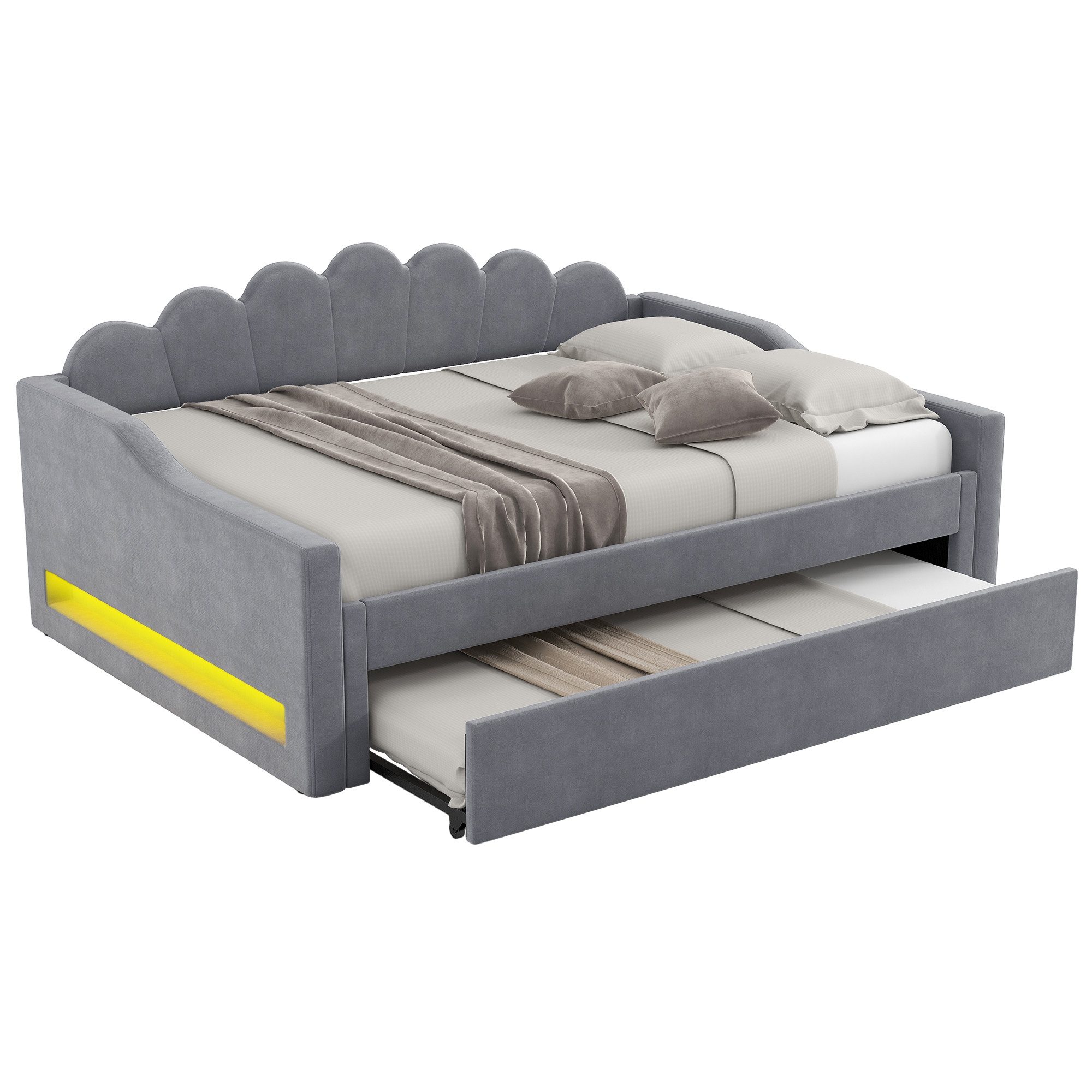 i@home Daybett 140x200 gepolstert mit LED & Ausziehbett, Grau/Beige (Tagesbett mit Ausziehbett), Modernes Polsterbett mit LED-Beleuchtung, Ausziehbett & Stauraum