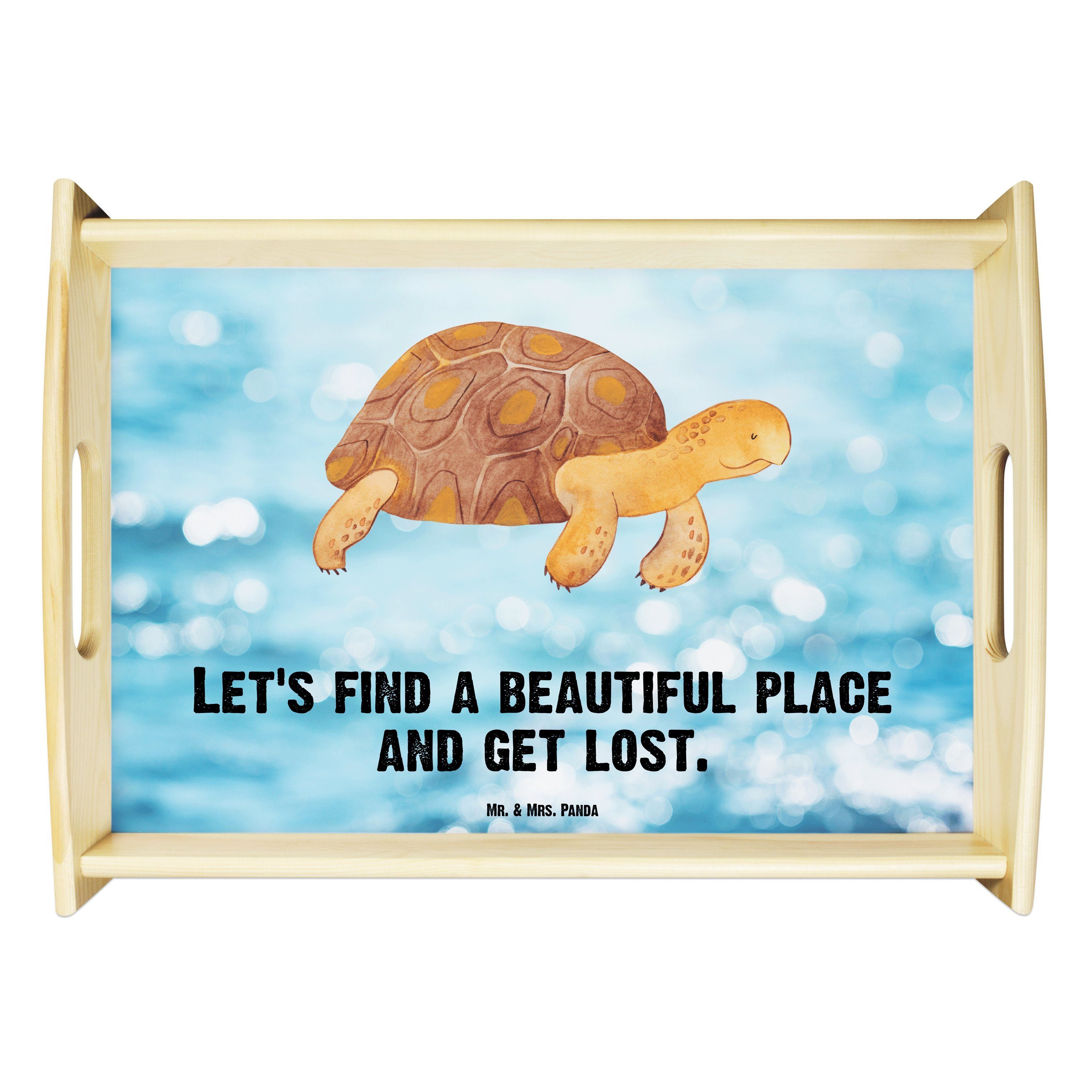 Mr. & Mrs. Panda Tablett Schildkröte marschiert - Oceanblue - Geschenk, Inspiration, Tablett, Echtholz lasiert, (1-tlg) | Tabletts