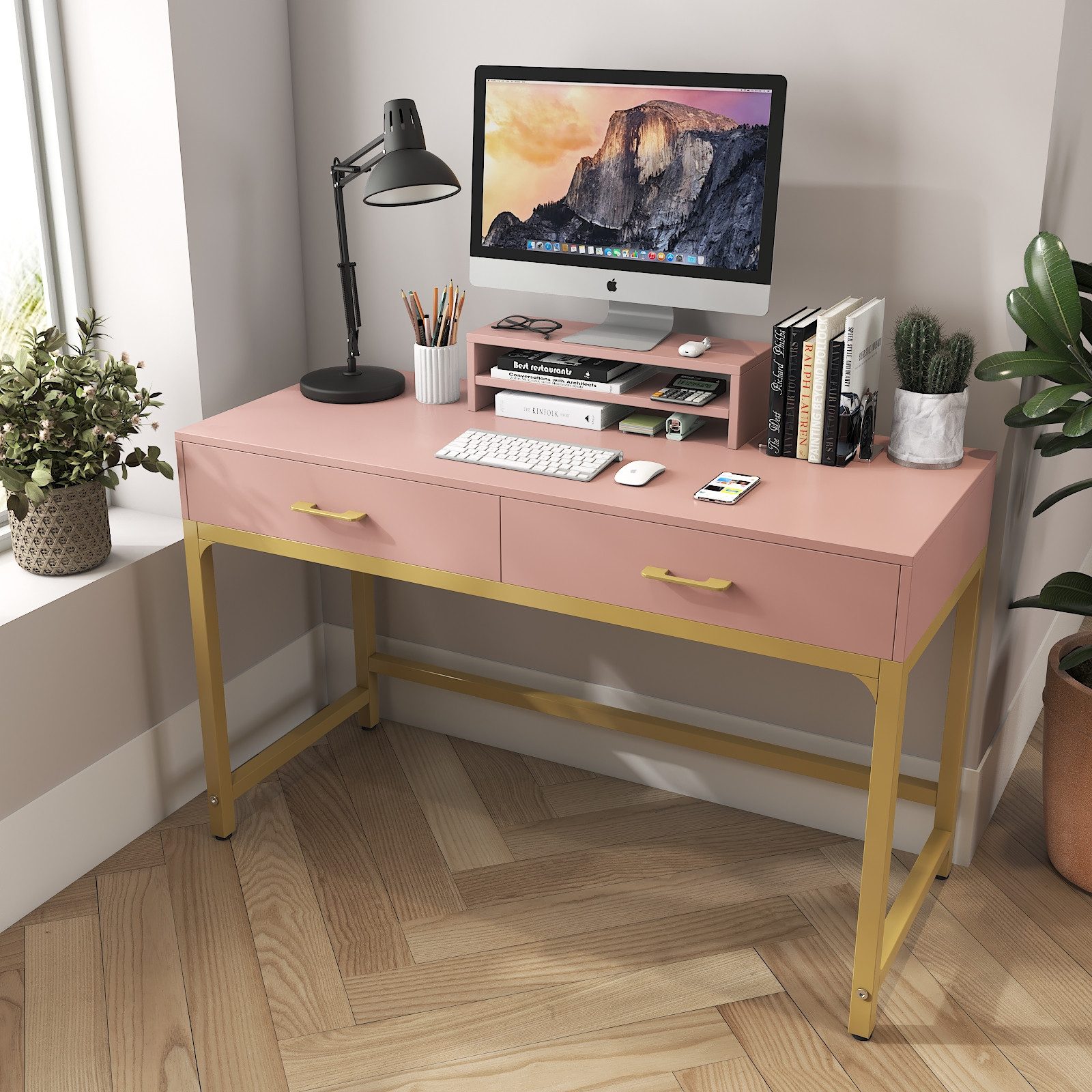 OYRREU Schreibtisch mit Schubladen/Monitorständer/Rückwand, modern, vintage Schminktisch (Set, mit Aufbewahrung), freistehender Schminktisch Boudoir
