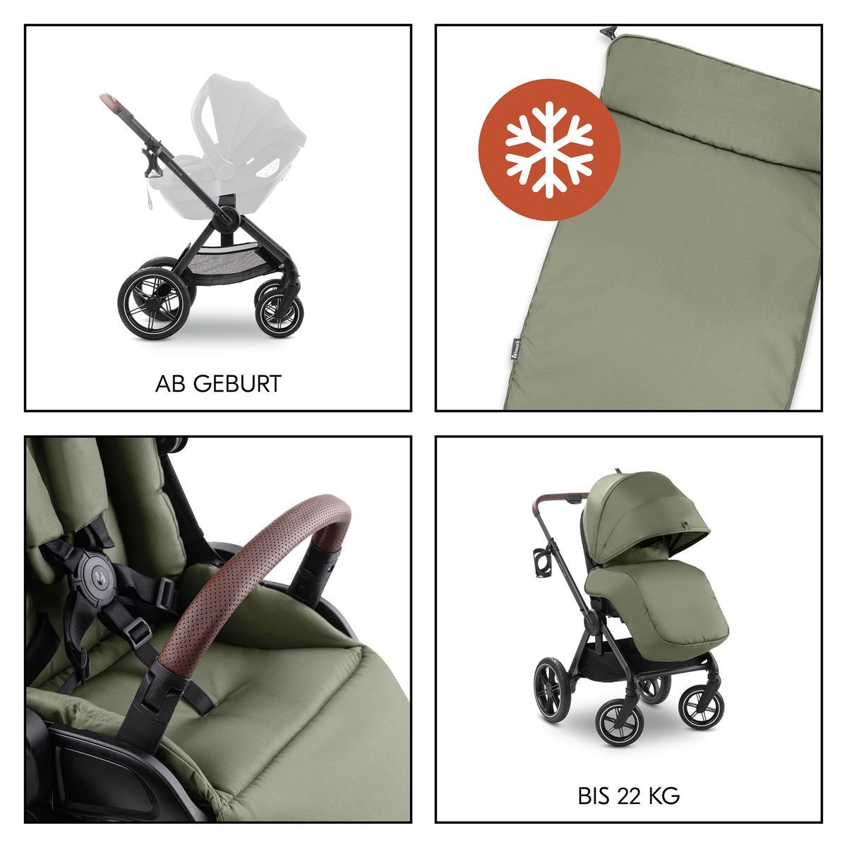 Hauck Kombi-Kinderwagen Comfort N Care - Olive, Sportwagen mit Liegefunktion & höhenverstellbarem Schieber bis 22 kg