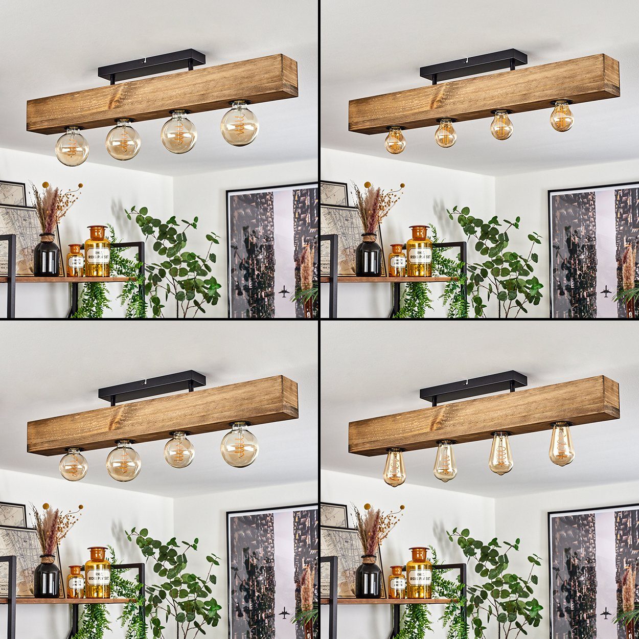 hofstein Deckenleuchte »Crova« längliche Deckenlampe aus Metall/Holz in Schwarz/Dunkelbraun, ohne Leuchtmittel, moderne Leuchte mit Holzbalken, 4xE27