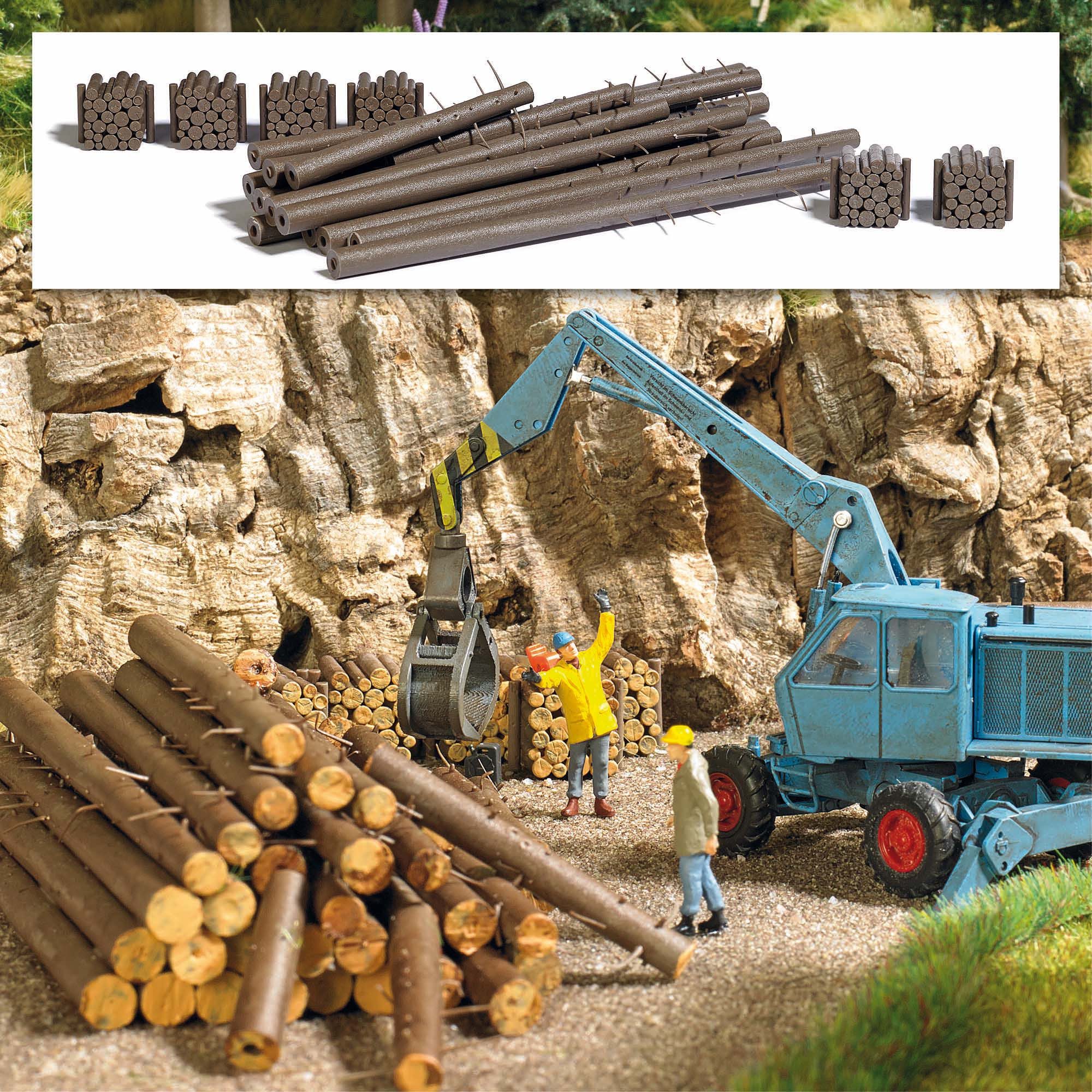 Busch Modelleisenbahn-Baustelle Busch H0 1379 Ausgestaltungs-Set "Holzplatz" 26 tlg. Baumstämme Ho...