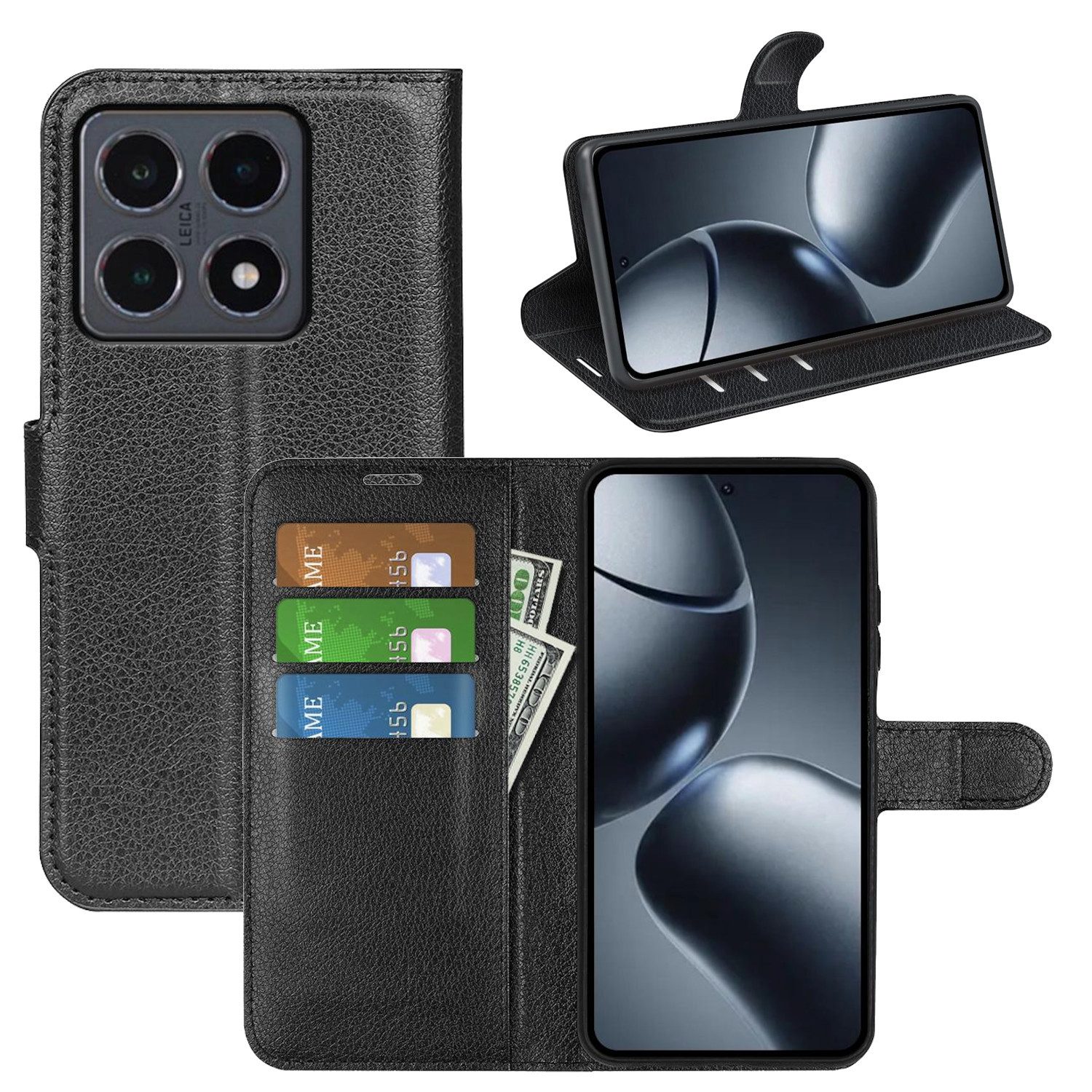 Wigento Smartphone-Hülle Für Xiaomi 15T Kunstleder Flip Book Wallet Tasche Hülle Schwarz, Kunstleder Hülle mit Kartenfächern und Standfunktion