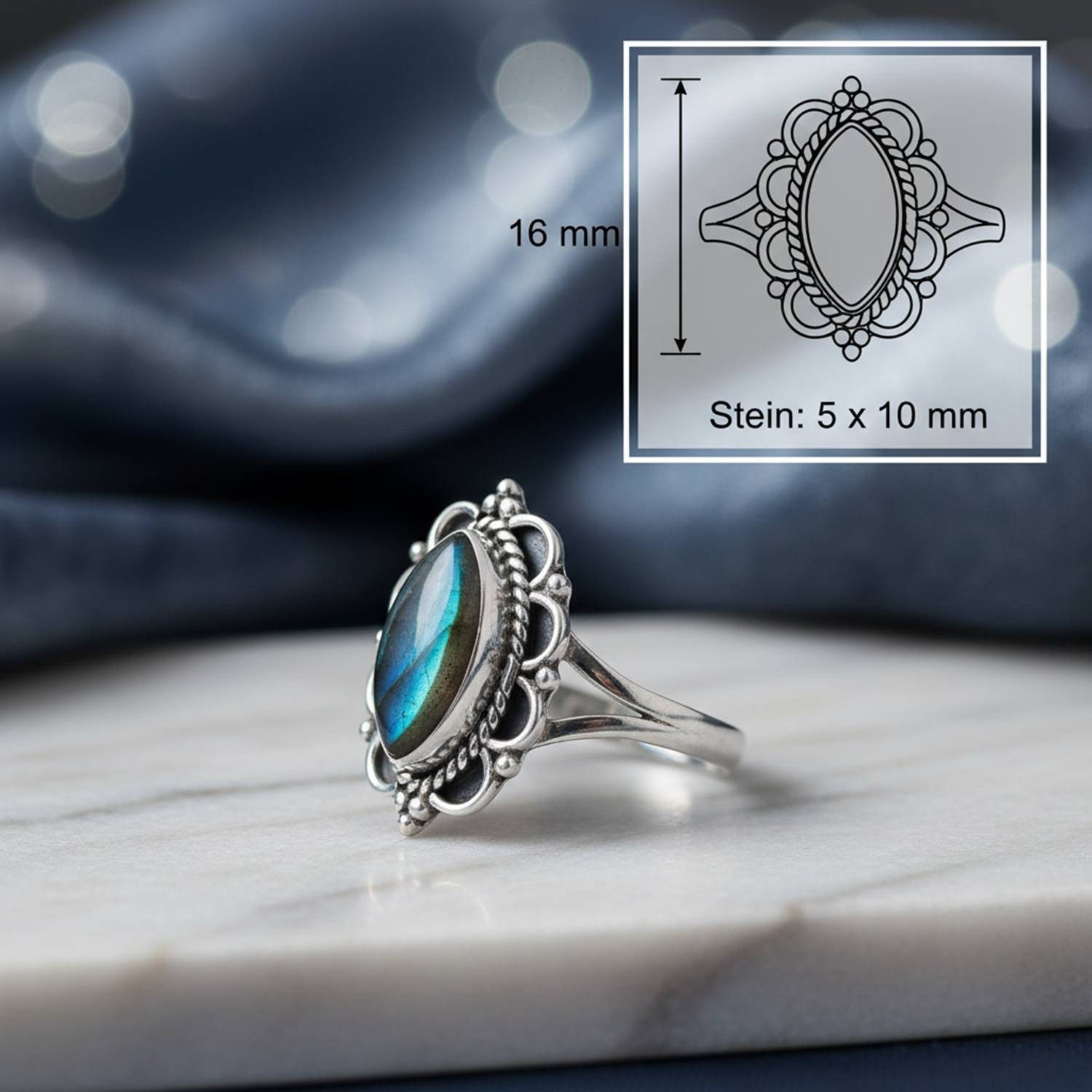 mantraroma Silberring MALUHIA aus 925 Silber mit Labradorit (Ring mit Schmuckbeutel), Damenring aus 925er Silber