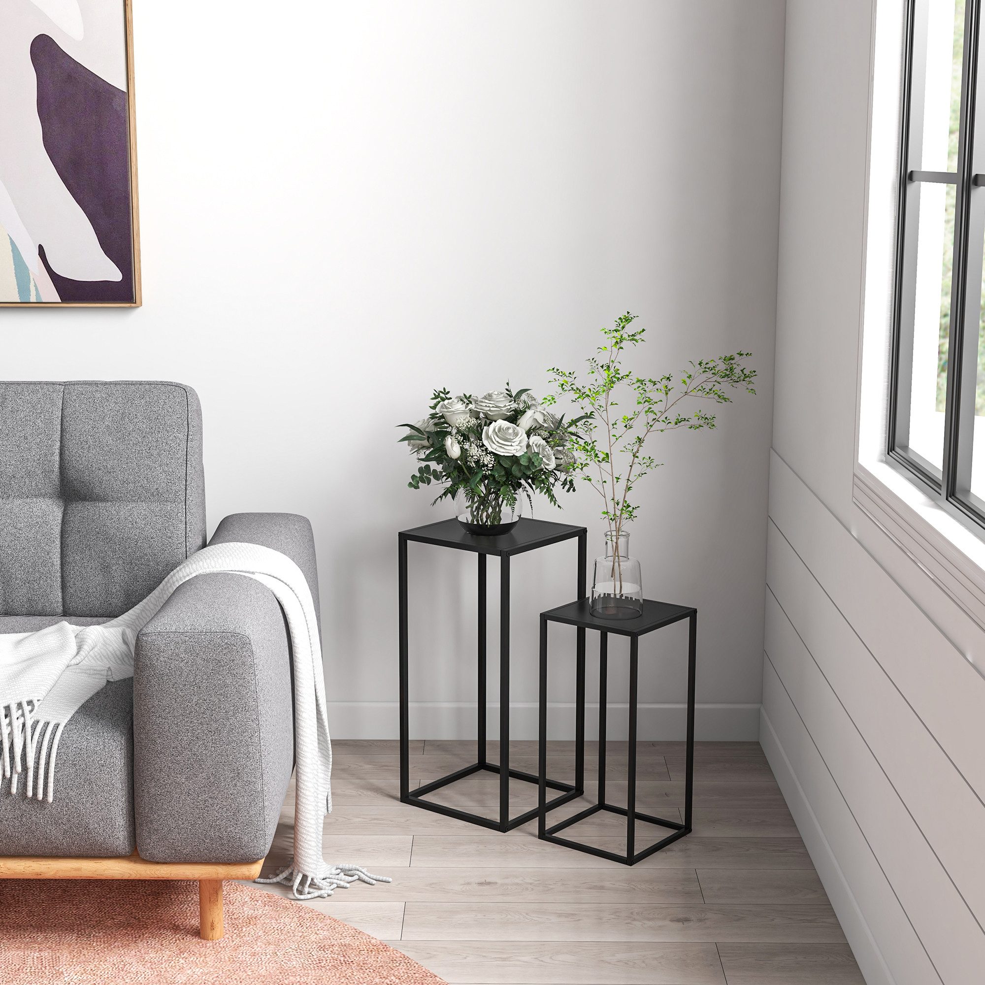 Outsunny Flower Stand, 2 Different Heights (Plant Holders, 2 Pieces, Flower Pot Holders), for Balcony, Living Room, Black