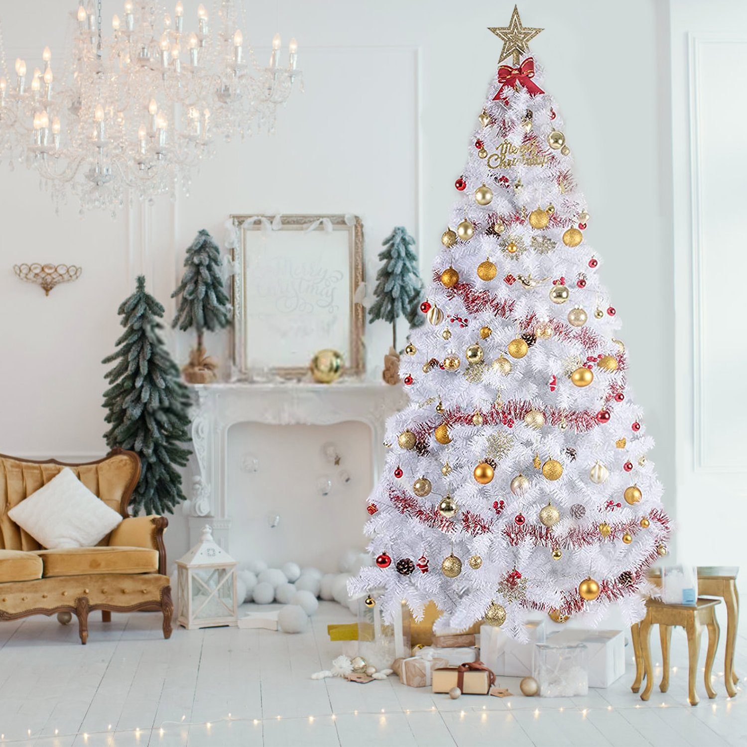 Gotoll Künstlicher Weihnachtsbaum XM003-6, Grün / Weiss Tannenbaum Weihnachtsbäume mit Ständer Christbaum