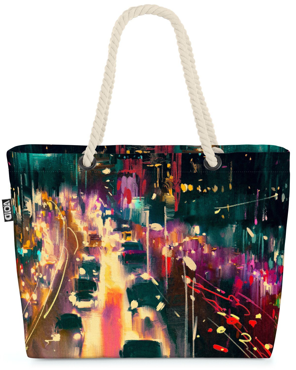 2024 Frühling/Sommer VOID Strandtasche (1-tlg), Strasse Nacht Lichter Lichter Bilder Strasse Malen Nacht Gemälde Auto