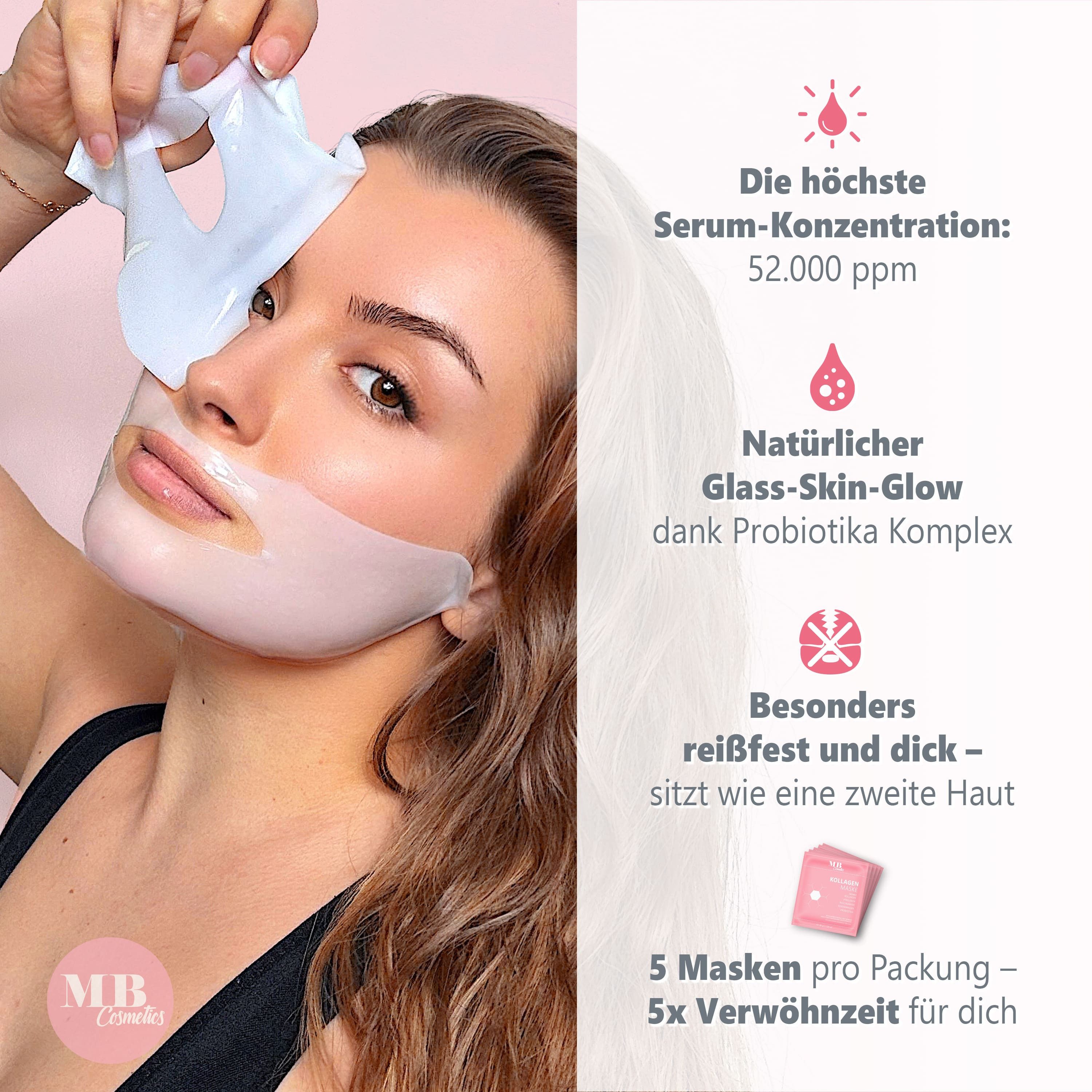 Medical Beauty Cosmetics Gesichtsmaske Kollagen Hydrogel Maske mit Hyaluron, Niacinamid, Probiotika Komplex 5 Stück, Glass Skin Glow Effekt, hochkonzentriert mit 52.000 ppm.