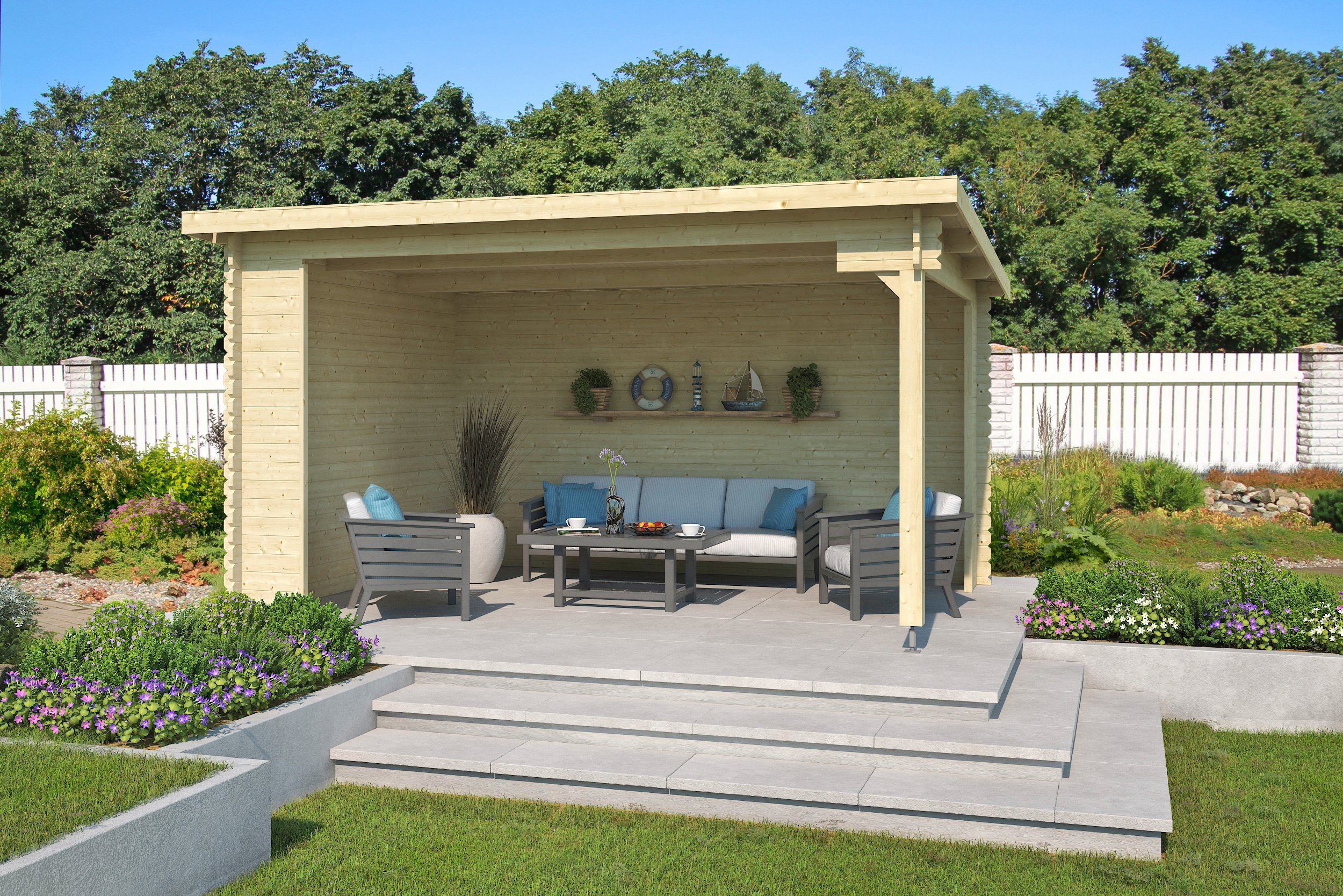 LASITA MAJA Gartenhaus Unterstand Columbus, BxT: 445x349 cm, Unterstand / Lounge 34mm, Fundamentmass 4250x3000, Naturbelassen