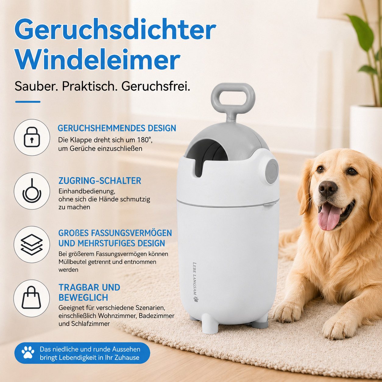 Rutaqian Windeleimer Baby Windeleimer 12L, Geruchsdichter Windelmülleimer mit Trennfach, Windel Eimer Cartoon Design, Geruchsarme Windeltonne Große Kapazität