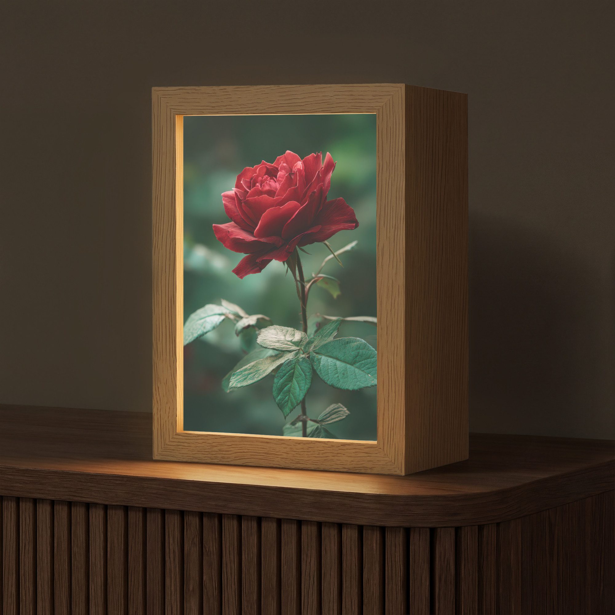 OnlyWow Tischleuchte Lightbox Rose - Blätter - Tiefrot, Dimmbar, Farbwechsel, LED, Warmweiß, Kaltweiß, Neutralweiß Einstellbar, Tischlampe, Schreibtischlampe, Desk, Dimmbar, mit Kabel, LED