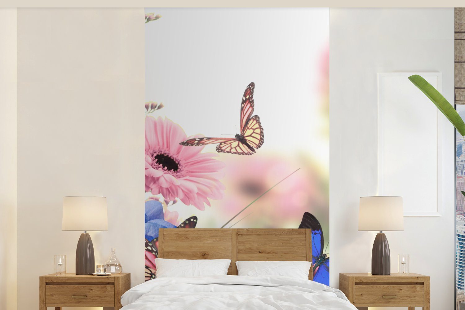 Insekten, Matt, - Vliestapete Schlafzimmer Schmetterlinge Küche, - Fototapete (2 St), Hortensien - Wohnzimmer MuchoWow Fototapete für Blumen bedruckt,
