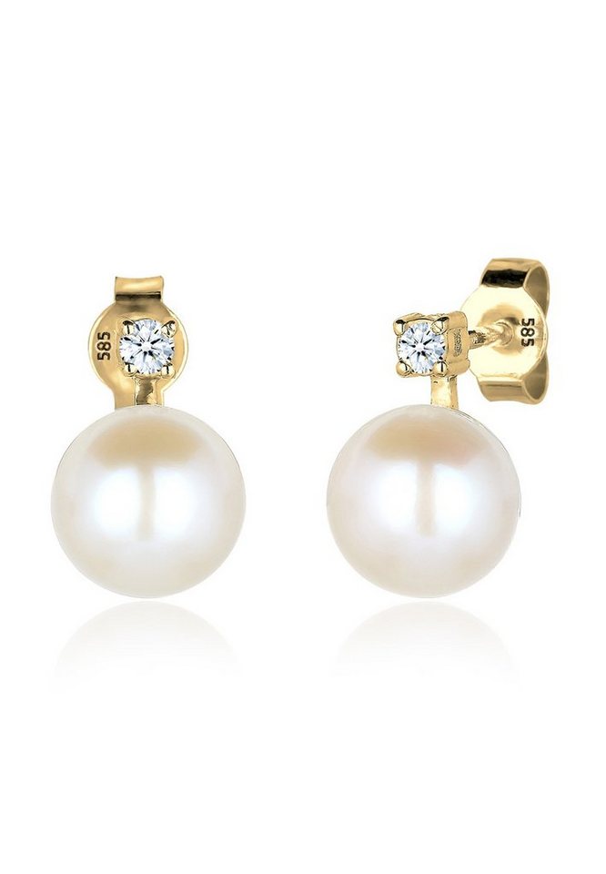 Elli DIAMONDS Paar Ohrstecker Perle Elegant Diamant (0.06 ct) 585 Gelbgold,  Schmuckstück hochglanzpoliert und anlaufgeschützt