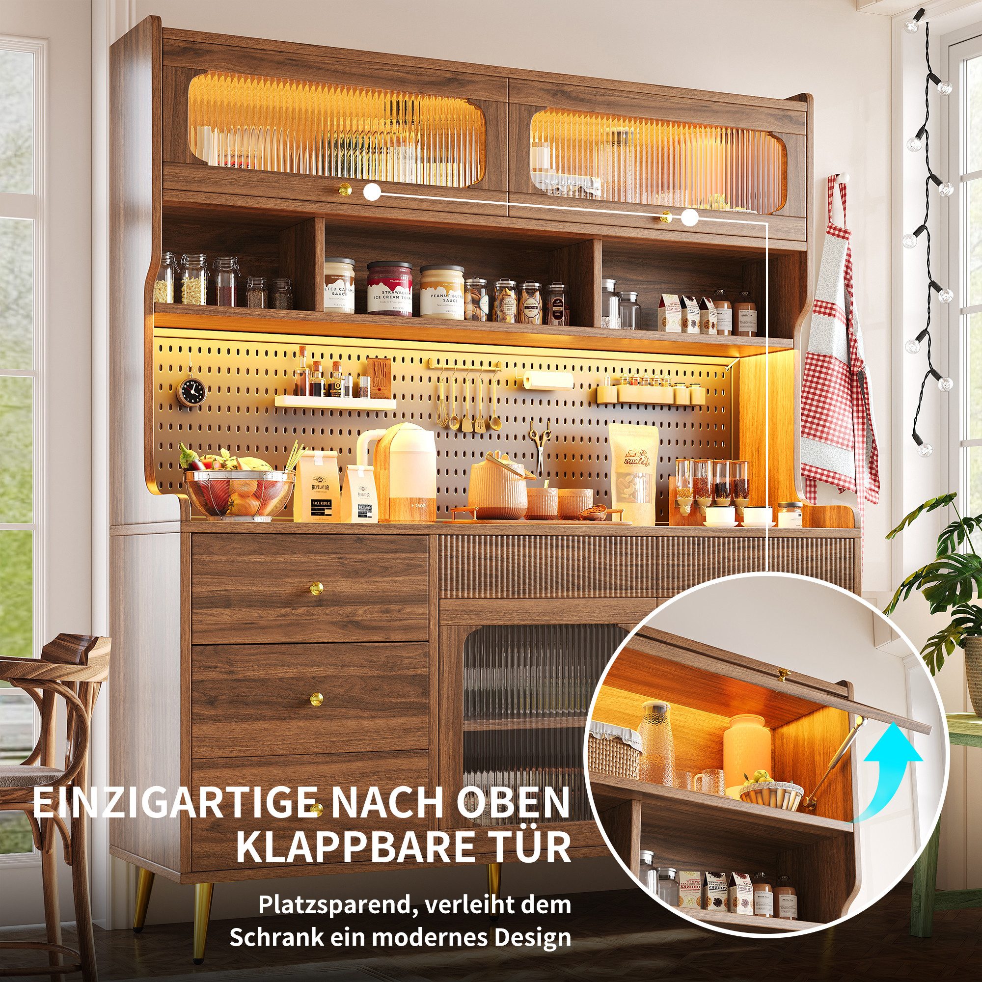 Odikalo Küchenbuffet Küchenschrank Buffetschrank mit LED (mit LED-Beleuchtung & App, Schmaler Hochschrank für Küche & Wohnzimmer, Stilsicherer Aufbewahrungsschr – Bild 4 von 5
