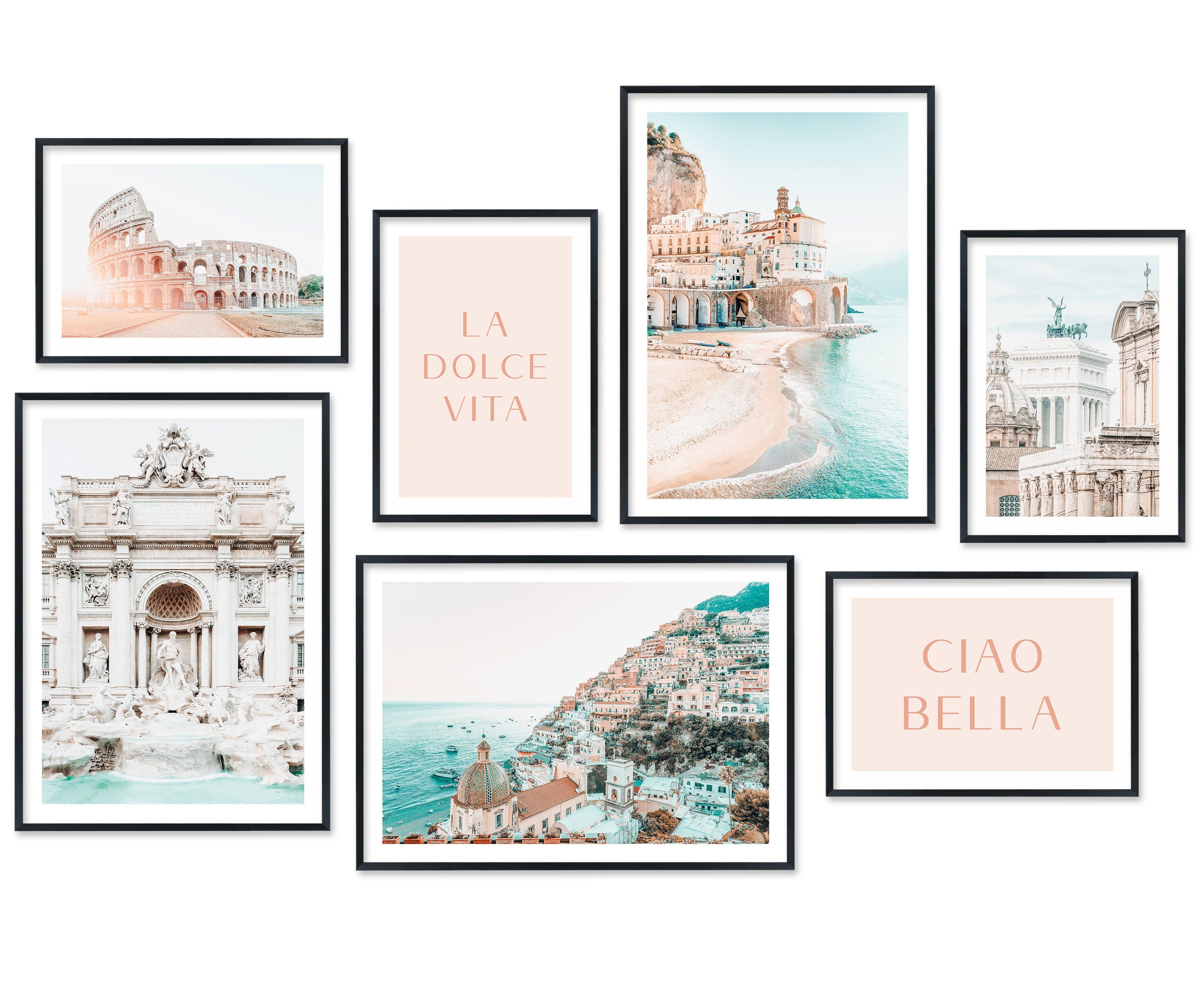 Hyggelig Home Poster La Dolce Vita, Premium Poster Set OHNE & MIT Rahmen - Wandbild Italien, Stadt (Set, 7 St), Collage Rom, Qualitätsdruck auf dickem Papier