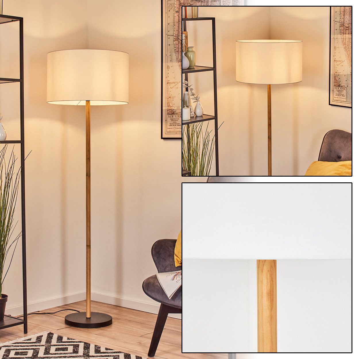 hofstein Stehlampe Stehlampe aus Metall/Holz im modernen Boho-Design, ohne Leuchtmittel, Stehleuchte mit Schirm aus Stoff und Fußschalter, Ø 50 cm, 184 cm, E27