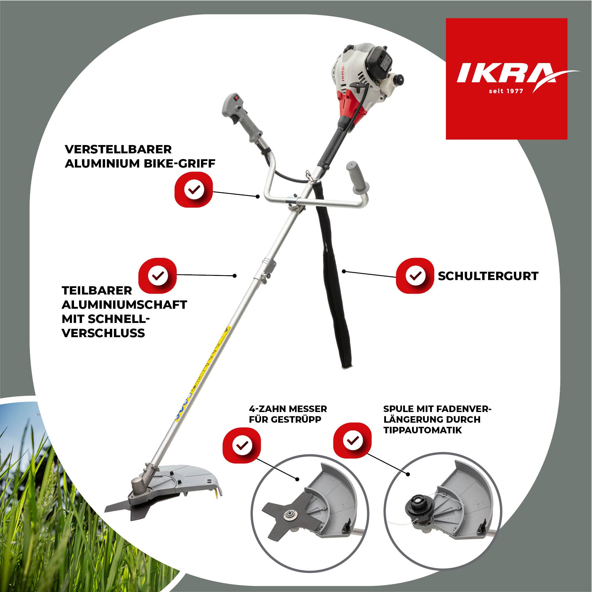 ikra GmbH Benzin-Freischneider IBF 25-1, 23 cm Arbeitsbreite Messer, 43 cm Arbeitsbreite Faden, inkl. Fadenspule, 4-Zahn-Messer & Schultergurt