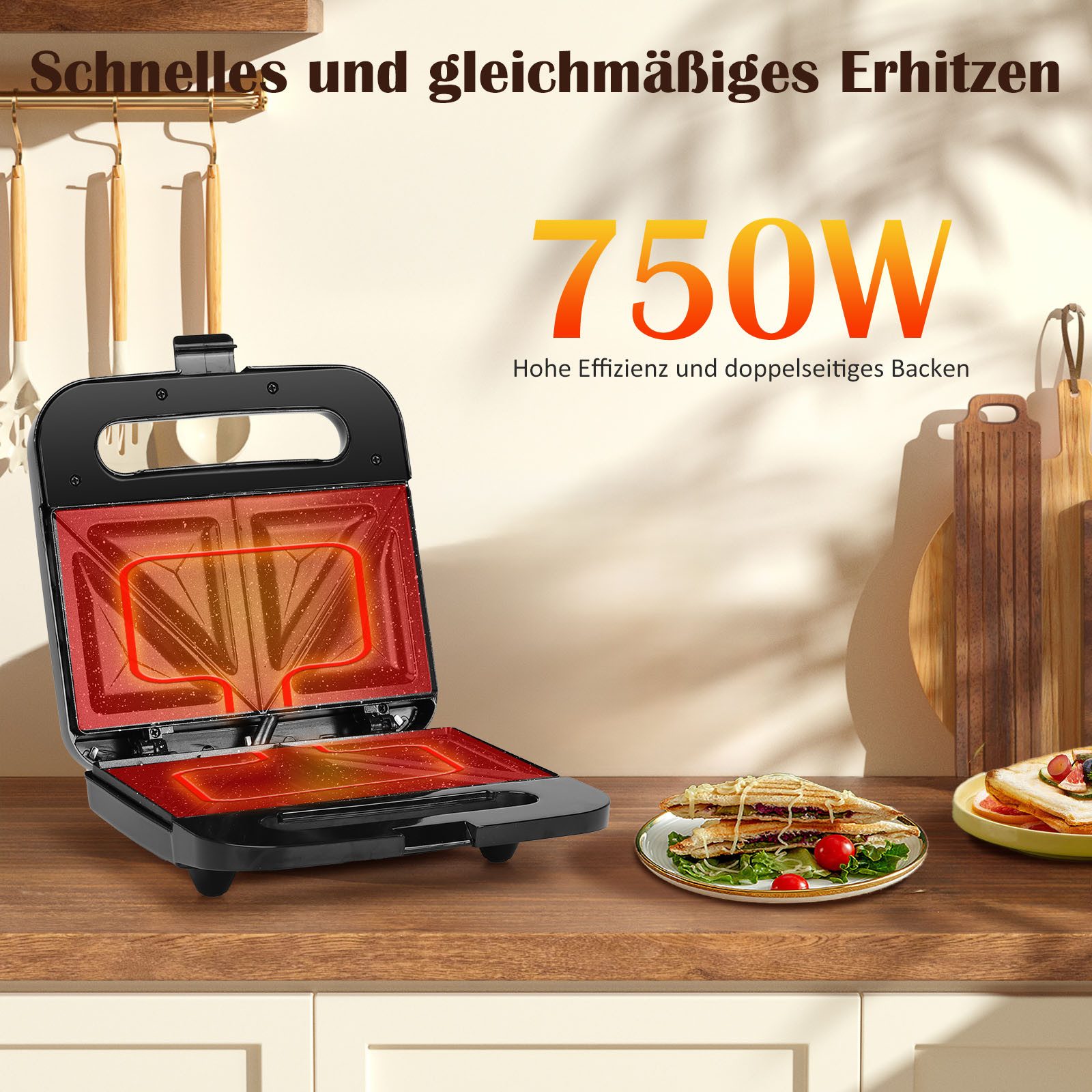 Aigostar Sandwichmaker Sandwichtoaster mit Antihaft-Keramikbeschichtung, Praktisch und Sicher, 800,00 W, Schnelles und Gleichmäßiges Aufheizen, Hochhitzebeständiges Gehäuse