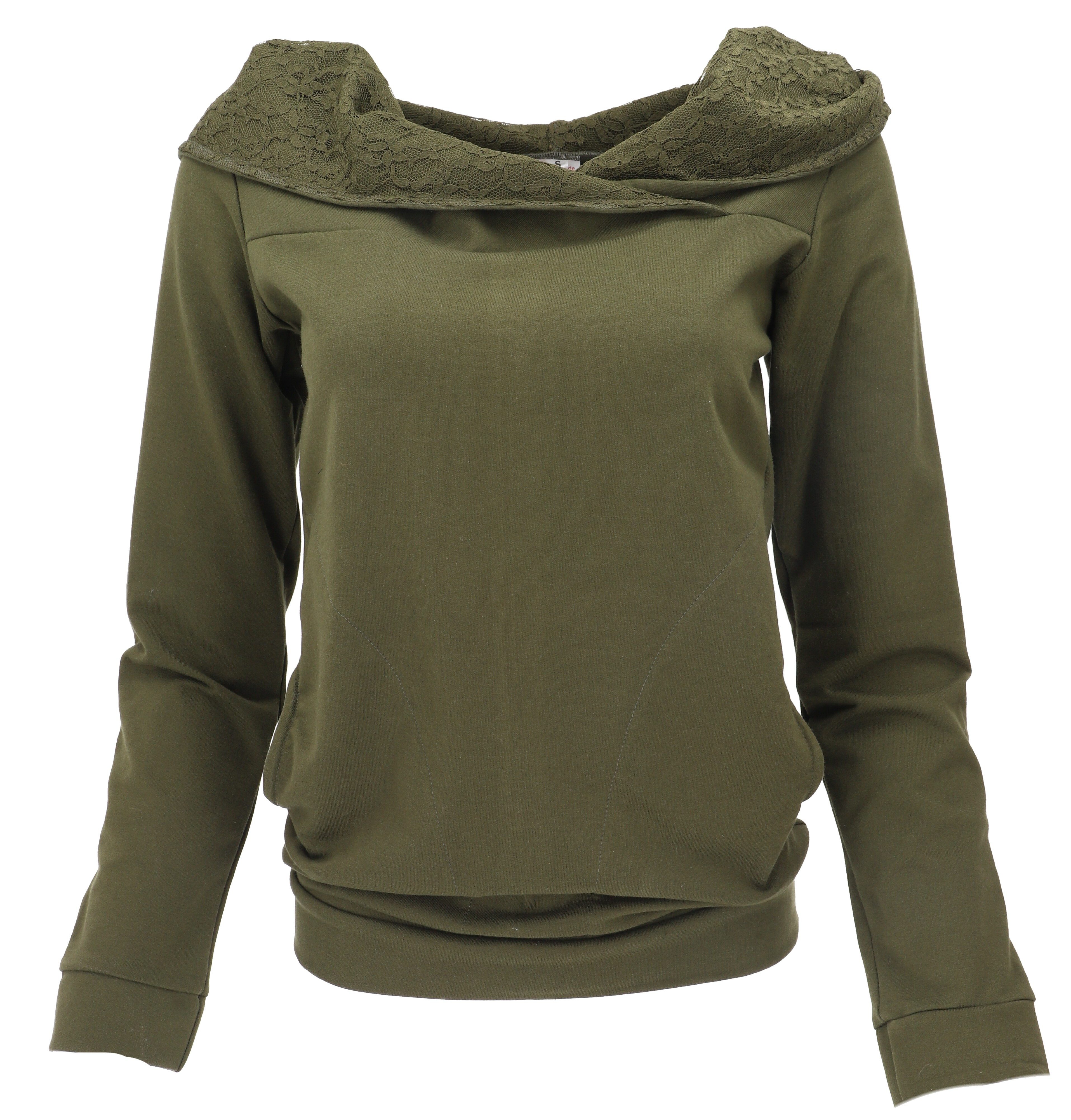 Guru-Shop Longsleeve Langarmshirt, Boho Oberteil mit Spitze und.. alternative Bekleidung