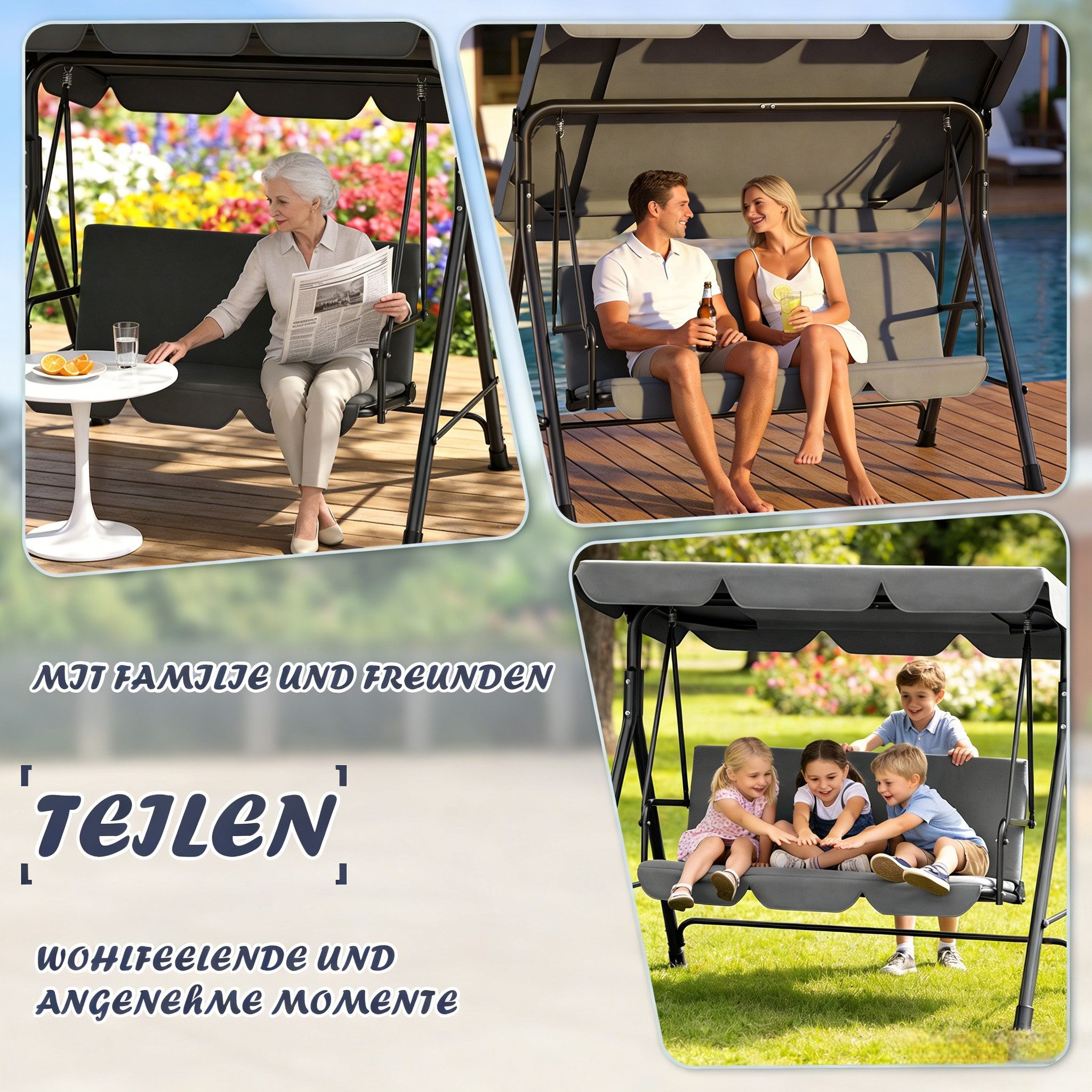 Huracan Hollywoodschaukel Schaukelbank mit Verstellbarem Sonnendach, 3-Sitzer, 175.5*110*152cm, bis 200 kg Tragfähigkeit, Ideal für Garten & Balkon