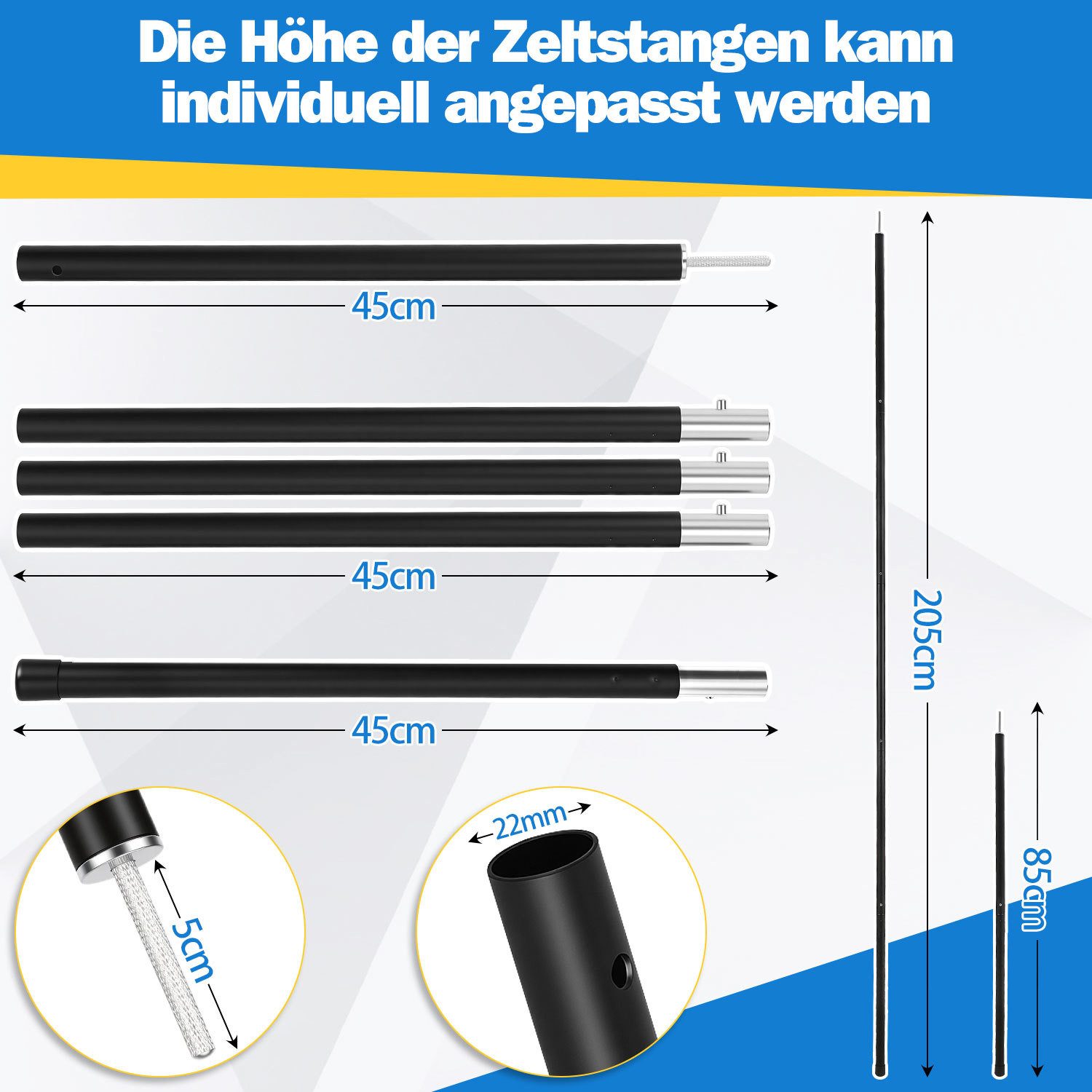 Clanmacy Zeltstange Zeltstange 2m Alu Aufstellstangen Tarpstange für Camping Schwarz 2pcs, (2-St)