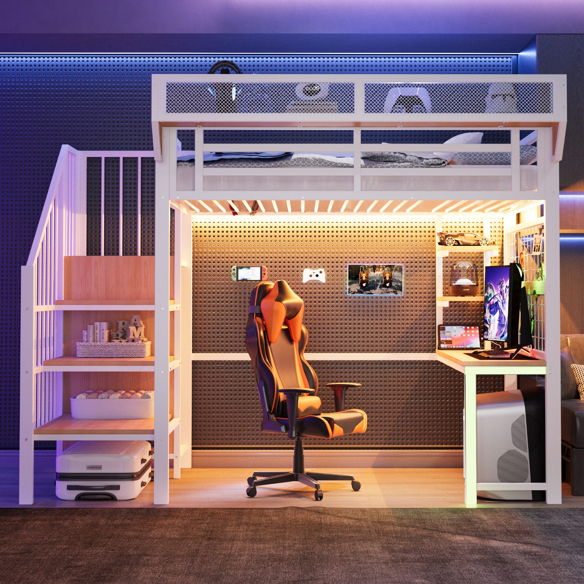 STILVORA Hochbett 90×200 mit Matratze Jugendbett mit Schreibtisch Aufbewahrungsnetz Weiß (Funktionbett mit Sicherheitsleiter, LED-Beleuchtung und Steckdose, Erhöhte Sicherheitsgeländer mit Ablagefach) mit integrierter kompakter Kleiderschrank