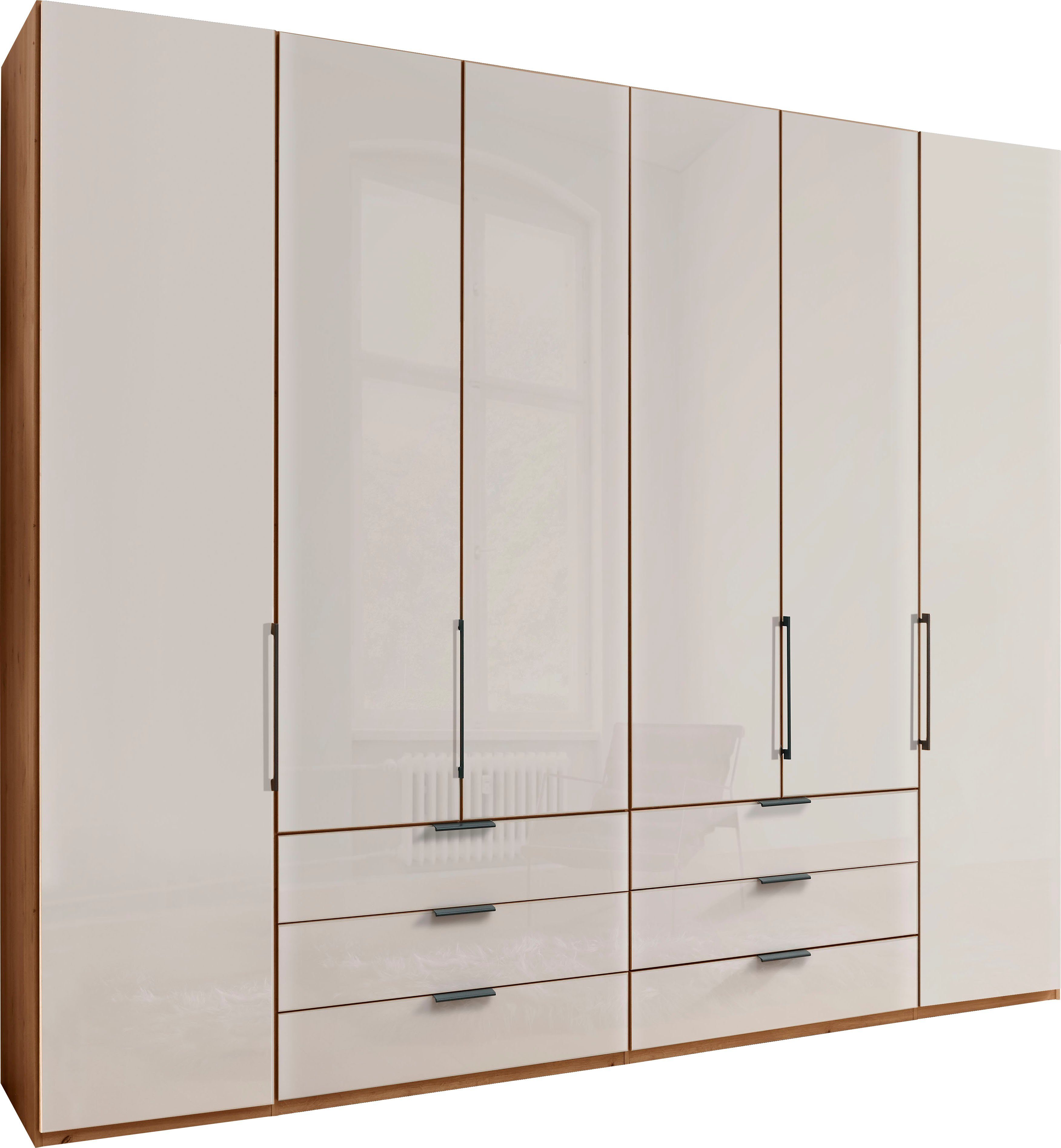 Champagner hochwertige sowie Dämpfung Glasfront Bianco-Eiche-Nachbildung/Glas mit WIEMANN Drehtürenschrank Beschläge Monaco inkl.