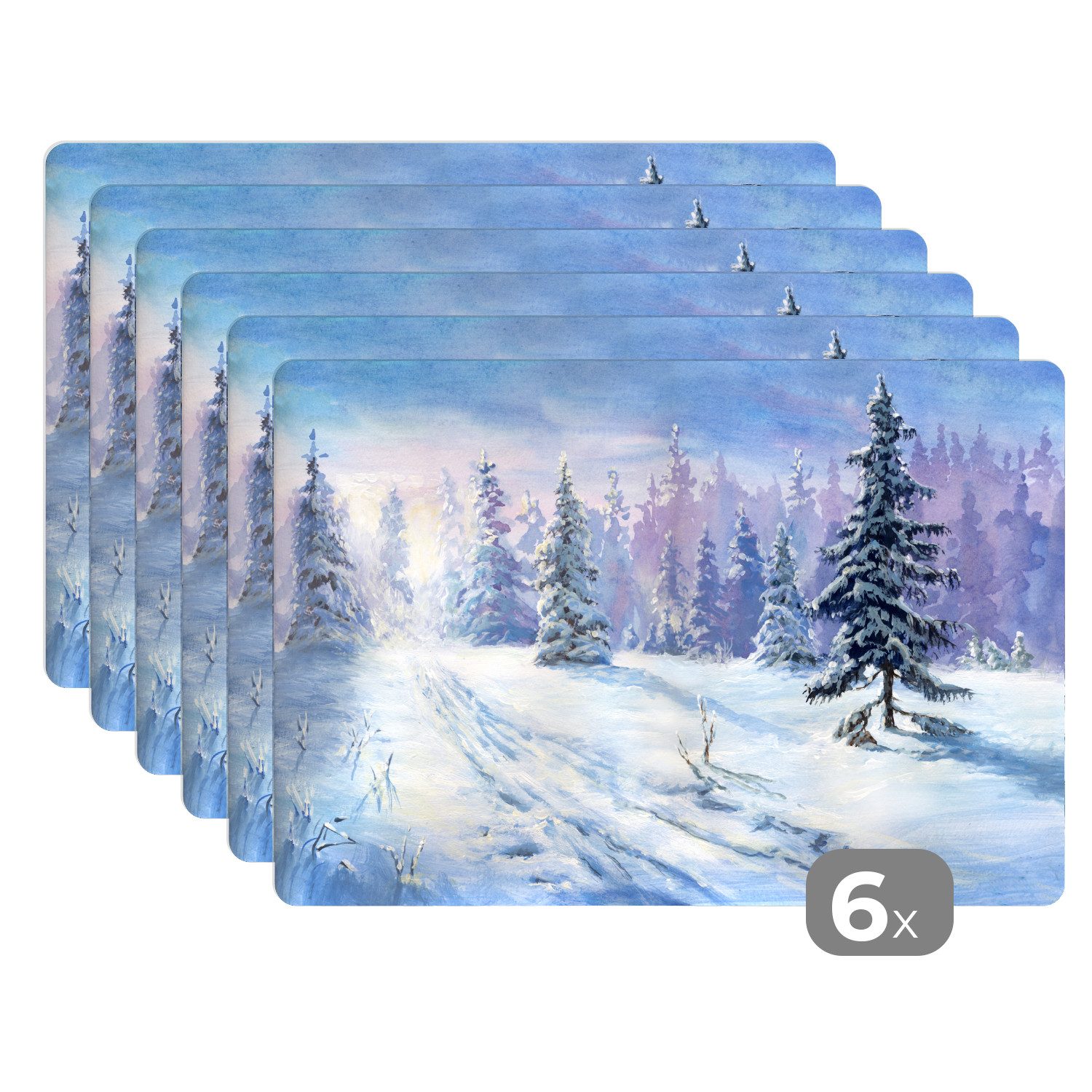 MuchoWow Platzset Wald - Winter - Schnee, (6-St), Platzsets, Tischset, Abwaschbar, Tischsets, Platzdeckchen