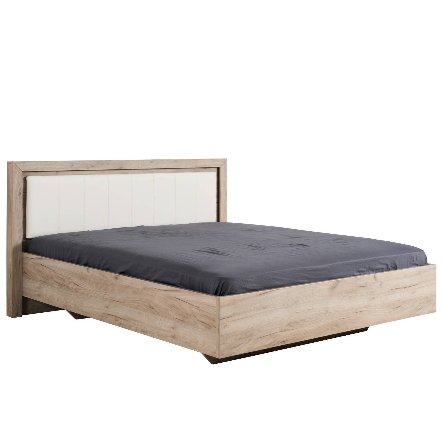 Homestyle4u Palettenbett 160x200 Doppelbett Polsterbett Beige Eiche Grau Bettgestell, Ehebett ohne Lattenrost, mit Kopfteil