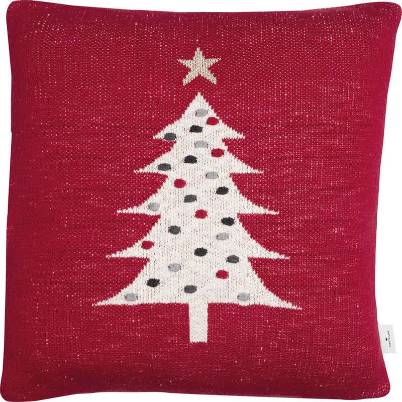 TOM TAILOR HOME Dekokissen Knitted Red Tree, Gestrickte Kissenhülle ohne Füllung mit Weihnachtsbaum-Motiv, 1 Stück