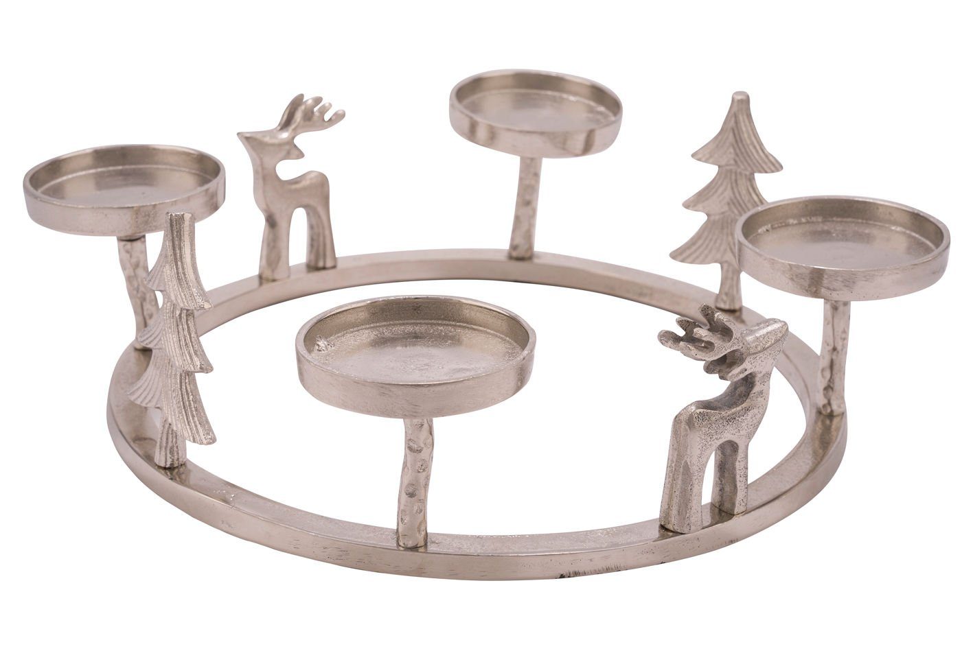Spetebo Adventskranz Alu Adventskranz silber mit 3D Figuren - Ø 33 cm, erzenhalter aus Aluminium für 4 Stumpenkerzen oder Kugelkerzen - Tischdeko Advents Kerzen Ständer