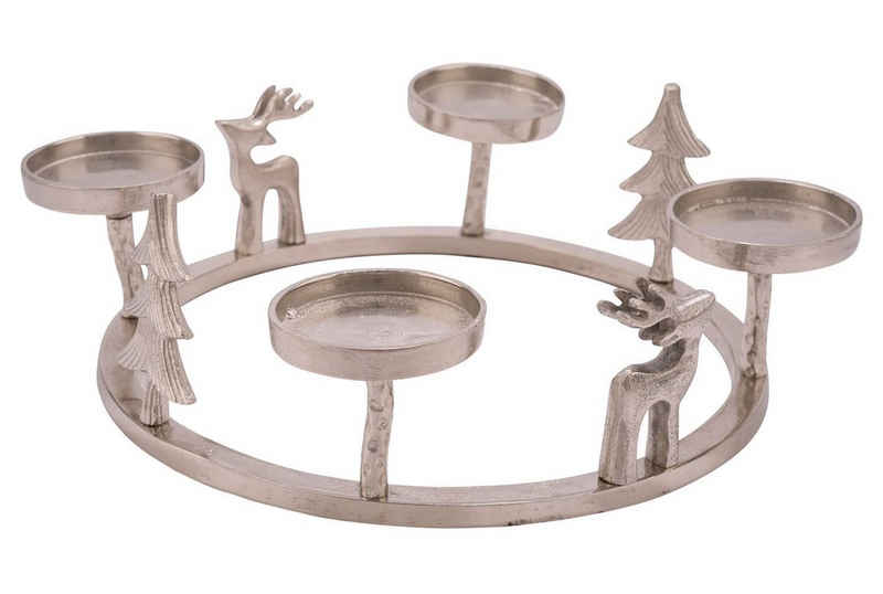 Spetebo Adventskranz »Alu Adventskranz silber mit 3D Figuren - Ø 33 cm«, für 4 Stumpenkerzen oder Kugelkerzen - Tischdeko