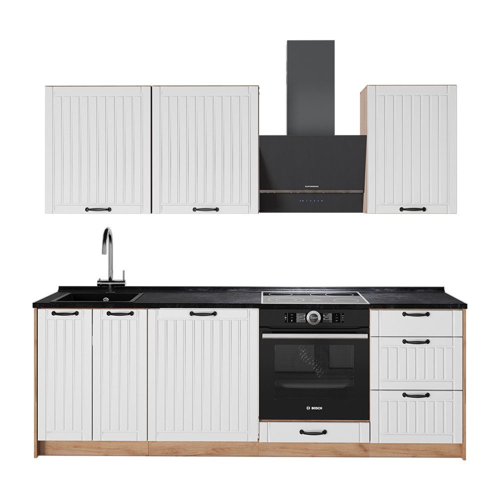 Vicco Küchenzeile Fame-Line, Weiß Landhaus/Goldkraft Eiche, 230 cm, AP Anthrazit